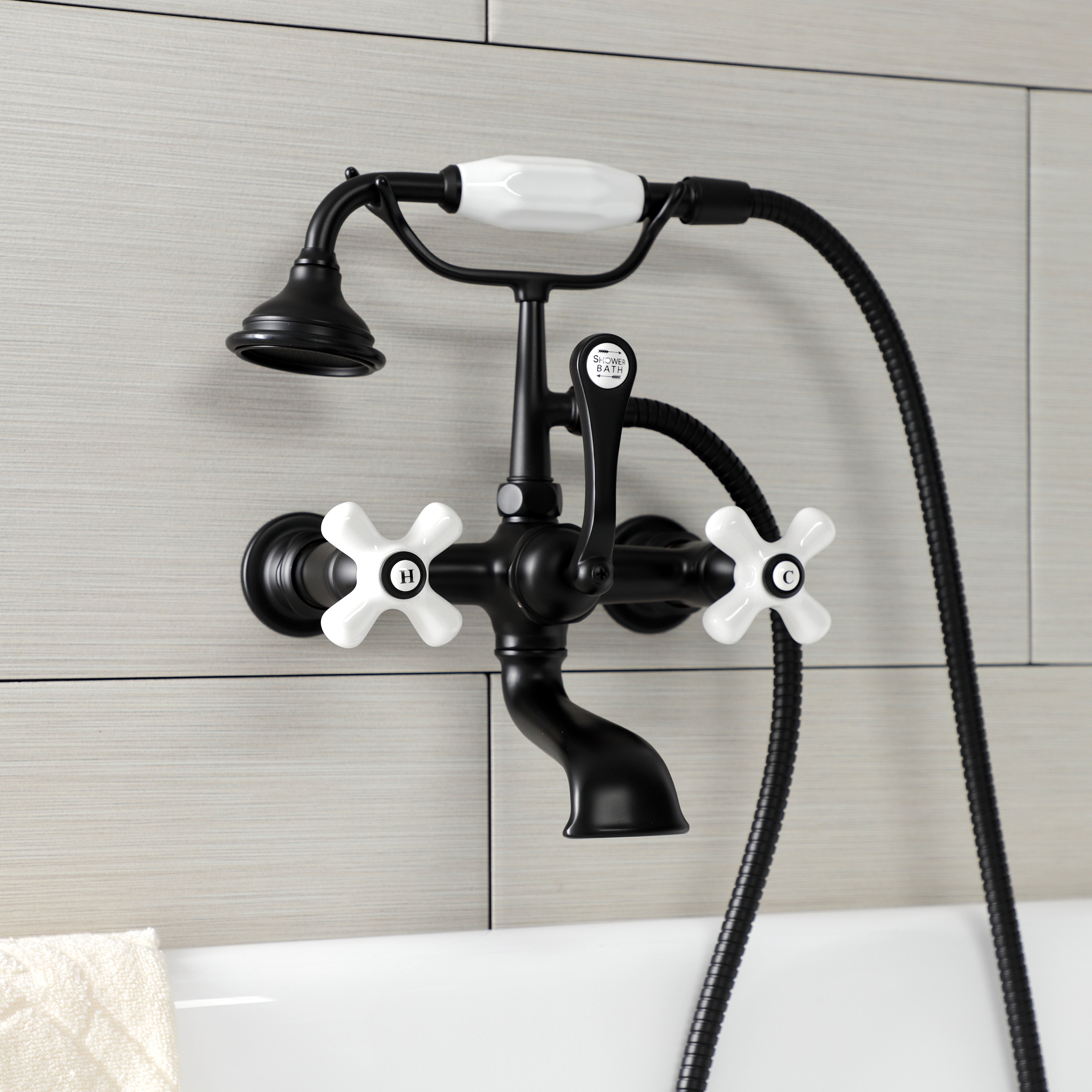 Kingston Brass AE559T0 Aqua Vintage 7-Inch Wall Mount Tub Faucet with Hand Shower, Matte Black