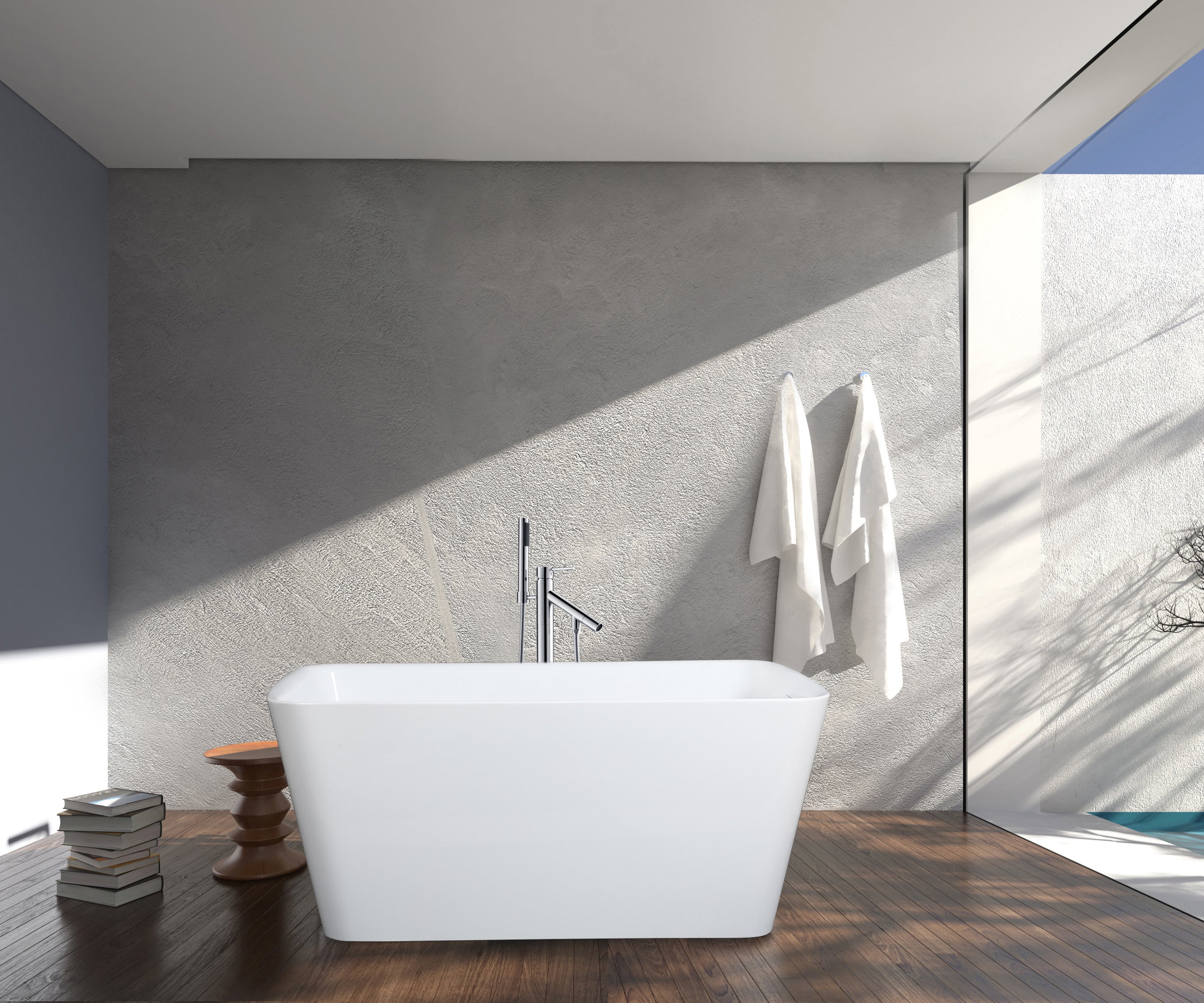 Kingston Brass VTSQ473026S 47" Acrylic Rectangular Double Ended Freestanding Tub with Drain and Integrated Seat, Glossy White