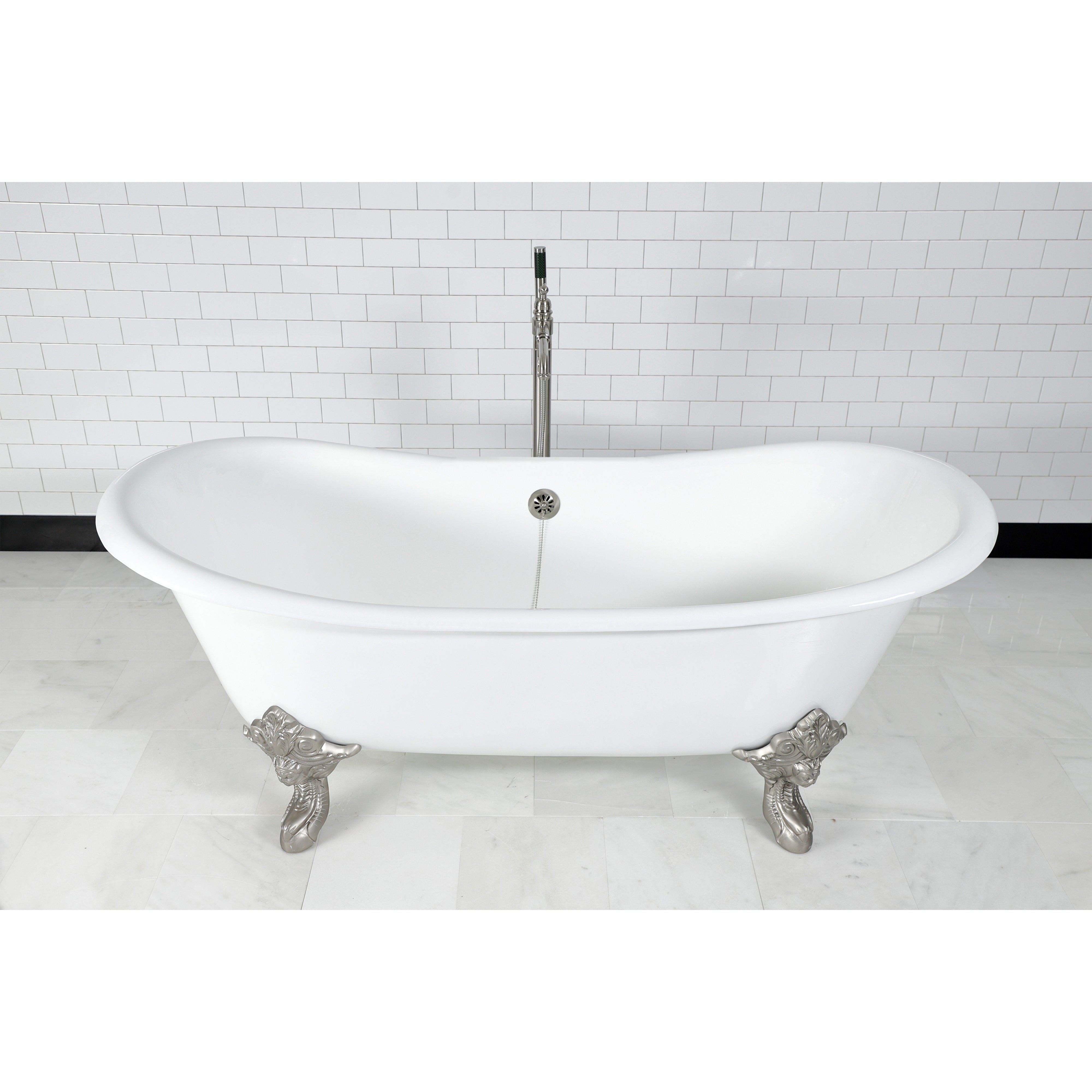 Aqua Eden VCTNDS7231NL8 72" Cast Iron Oval Double Slipper Clawfoot Tub (No Faucet Drillings), White/Brushed Nickel