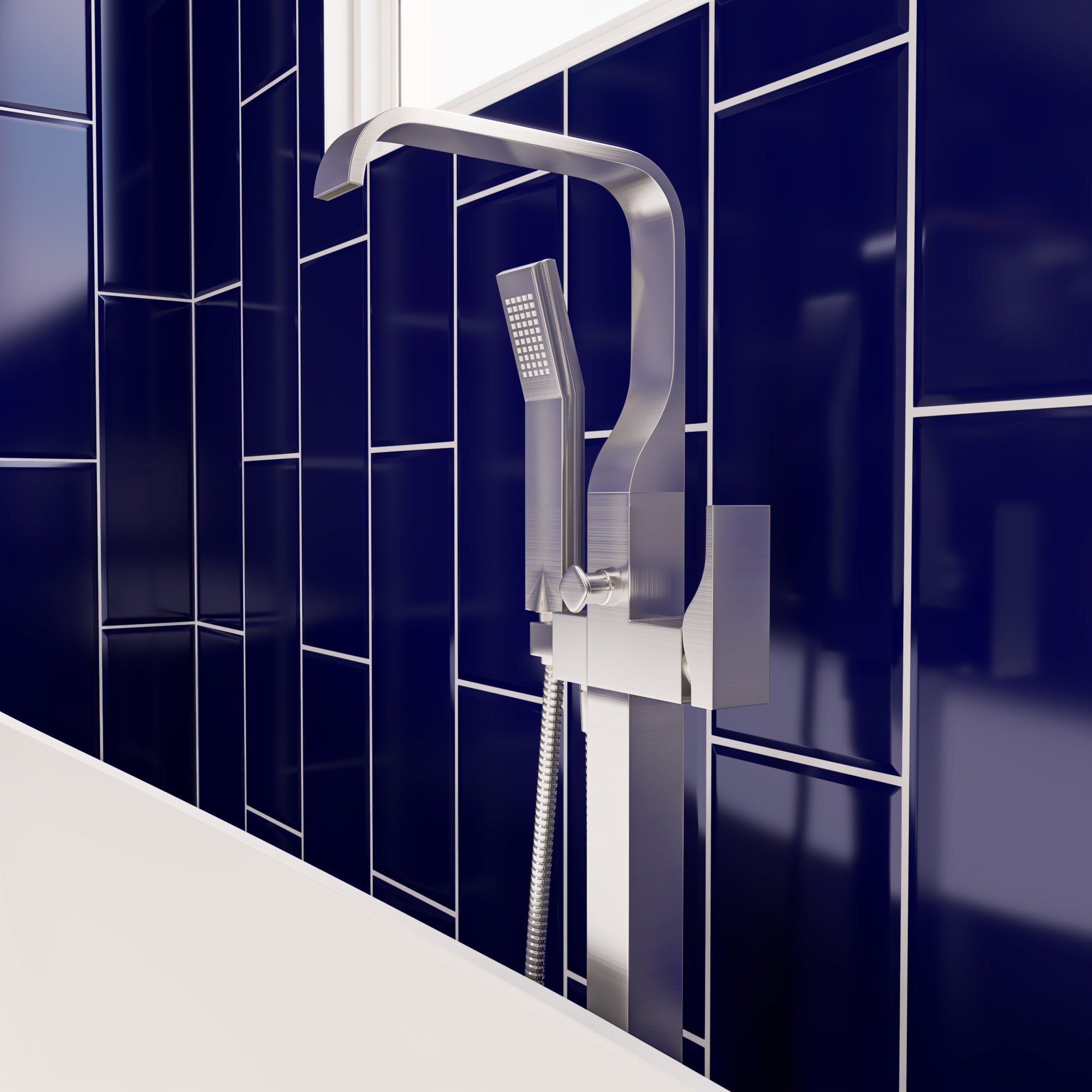 ALFI AB2180-BN Brushed Nickel Single Lever Floor Mounted Tub Filler Mixer w Hand Held Shower Head