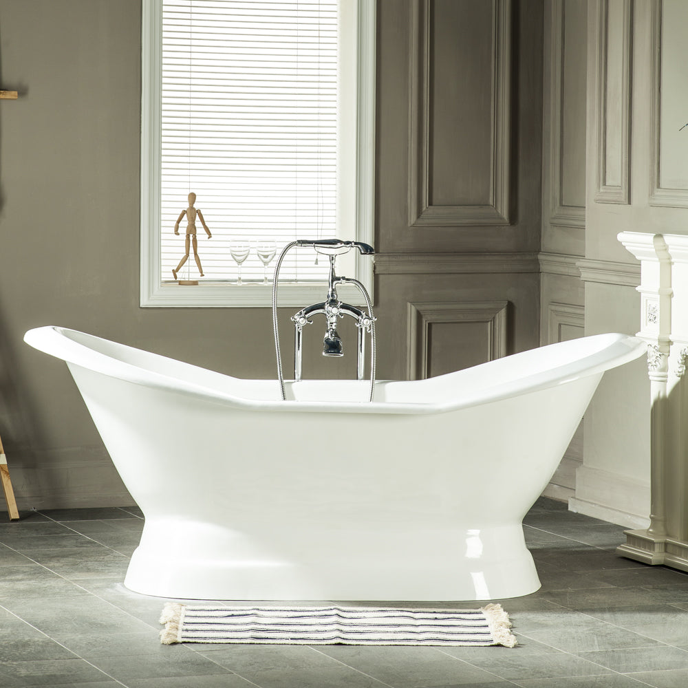 Aqua Eden VCTND723130 72" Cast Iron Oval Double Slipper Pedestal Tub (No Faucet Drillings), White
