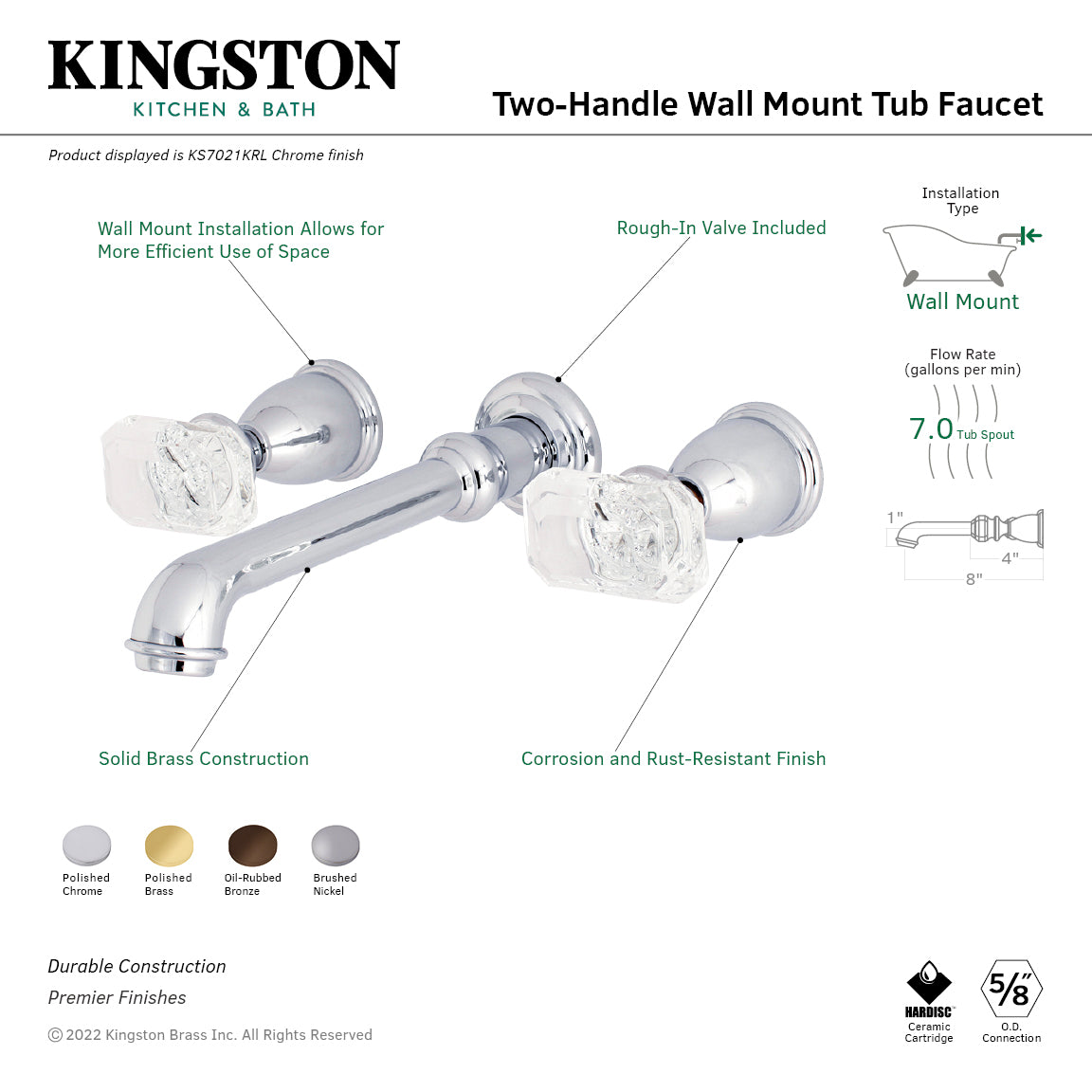 Kingston Brass KS7021KRL Krystal Onyx Two-Handle Wall Mount Roman Tub Faucet, Polished Chrome