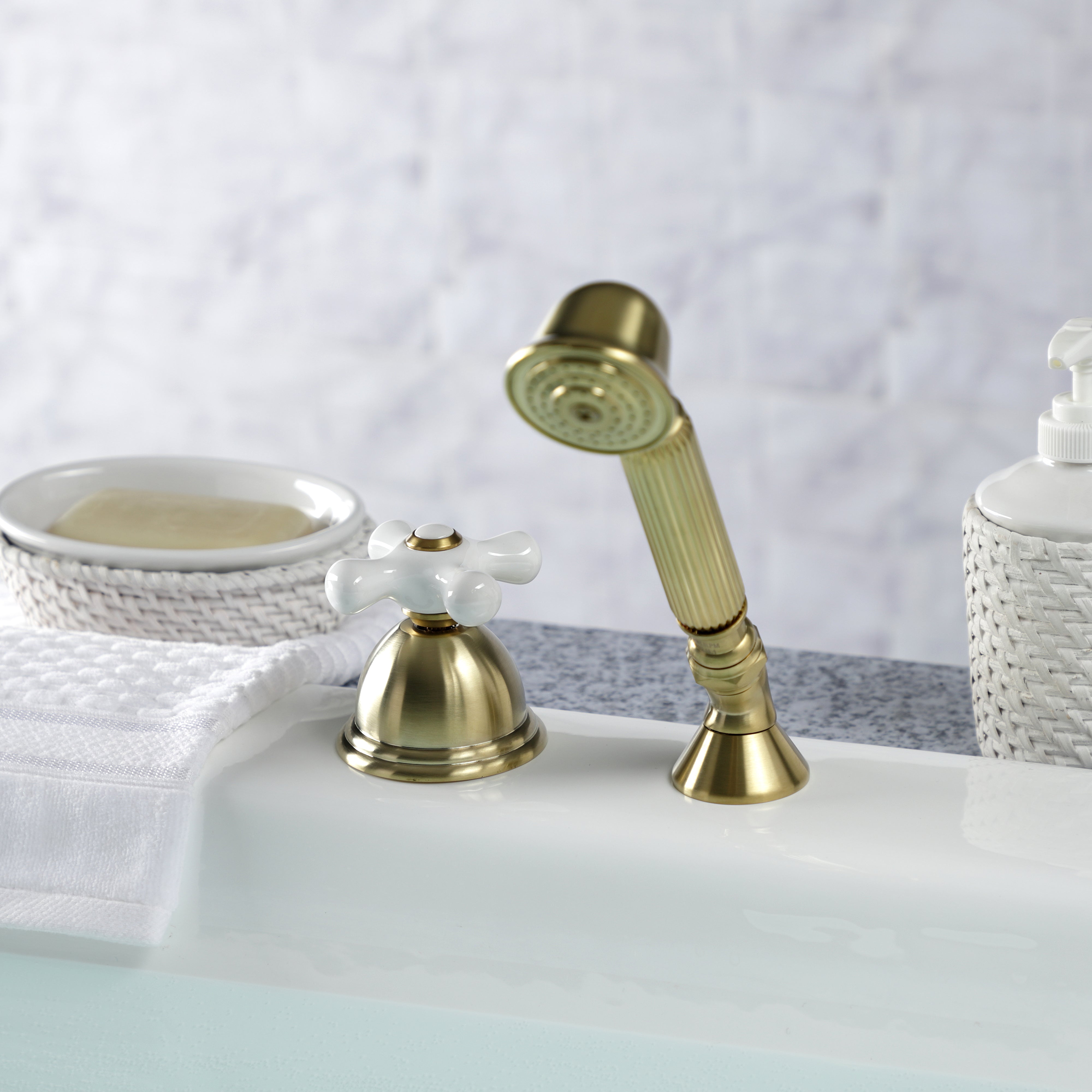Kingston Brass KSK3357PXTR Deck Mount Hand Shower with Diverter for Roman Tub Faucet, Brushed Brass