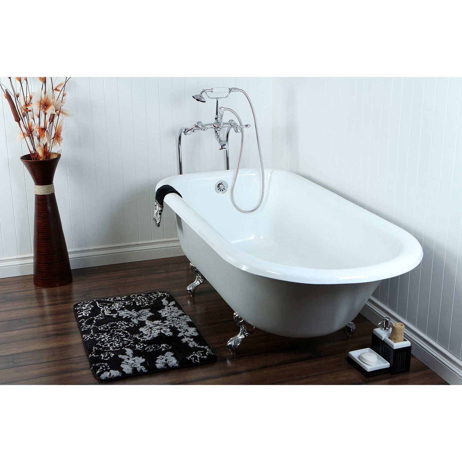 Aqua Eden VCTND673123T1 67" Cast Iron Oval Rectangular Roll Top Clawfoot Tub (No Faucet Drillings), White/Polished Chrome