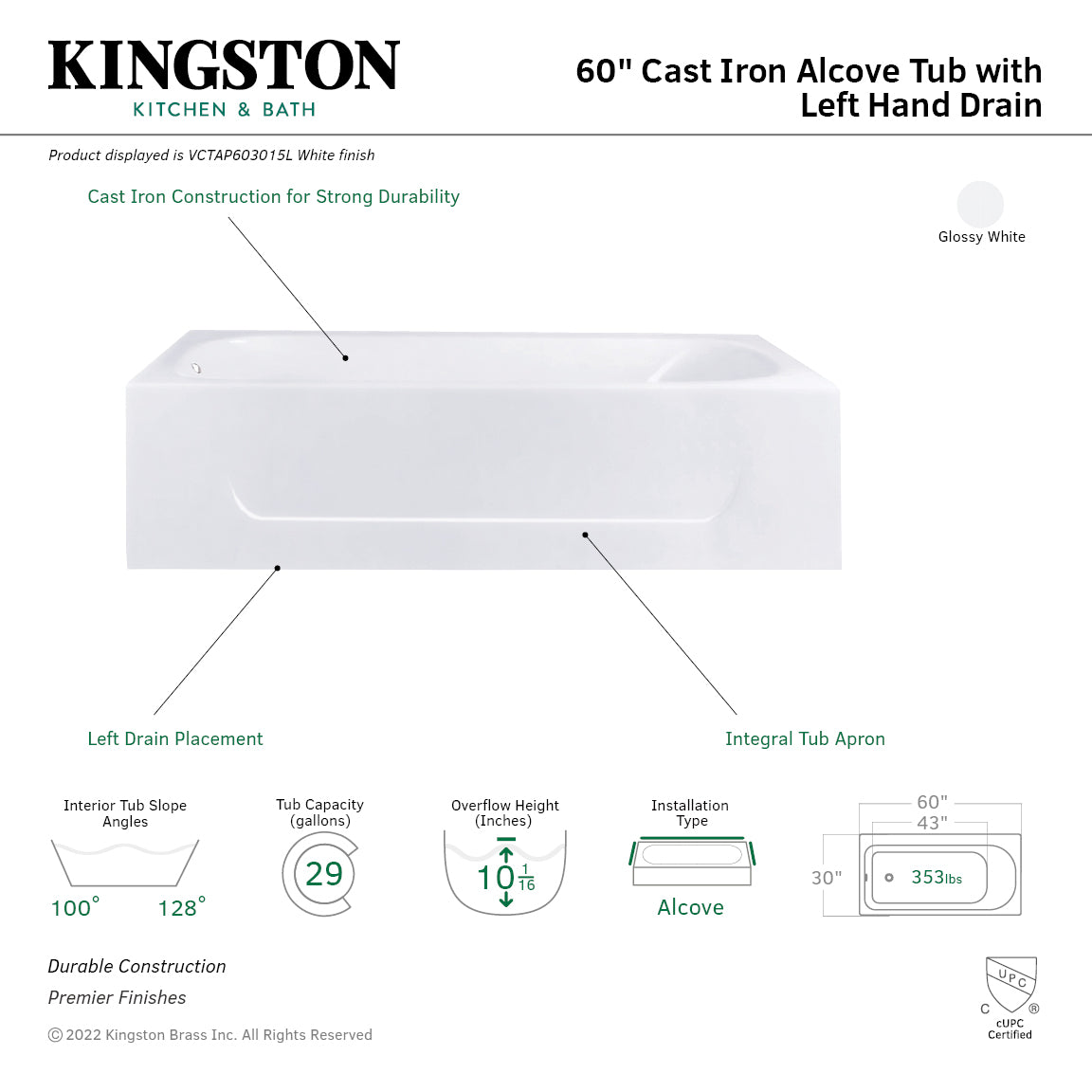 Aqua Eden VCTAP603015L 60" Cast Iron Rectangular 3-Wall Alcove Tub, Left Drain Hole, White