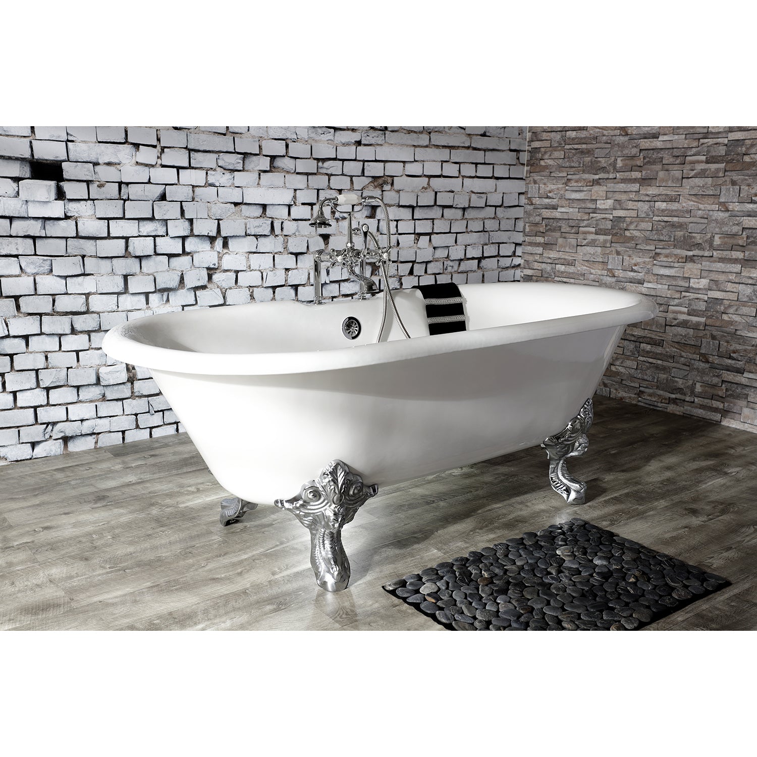 Aqua Eden VCT7DE7232NL1 72" Cast Iron Oval Double Ended Clawfoot Tub (7" Faucet Drillings), White/Polished Chrome