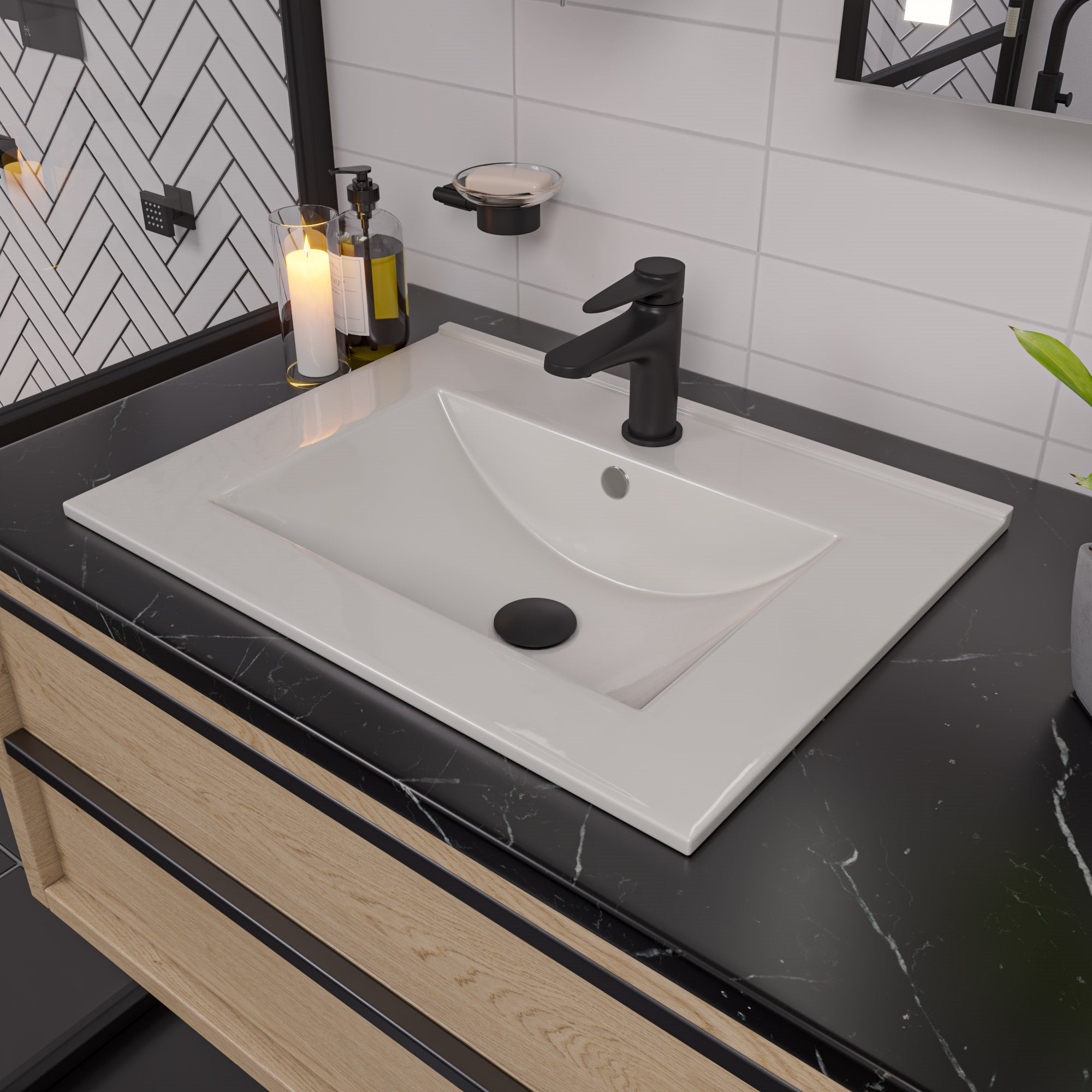 ALFI ABC803 White 25" Rectangular Drop In Ceramic Sink with Faucet Hole