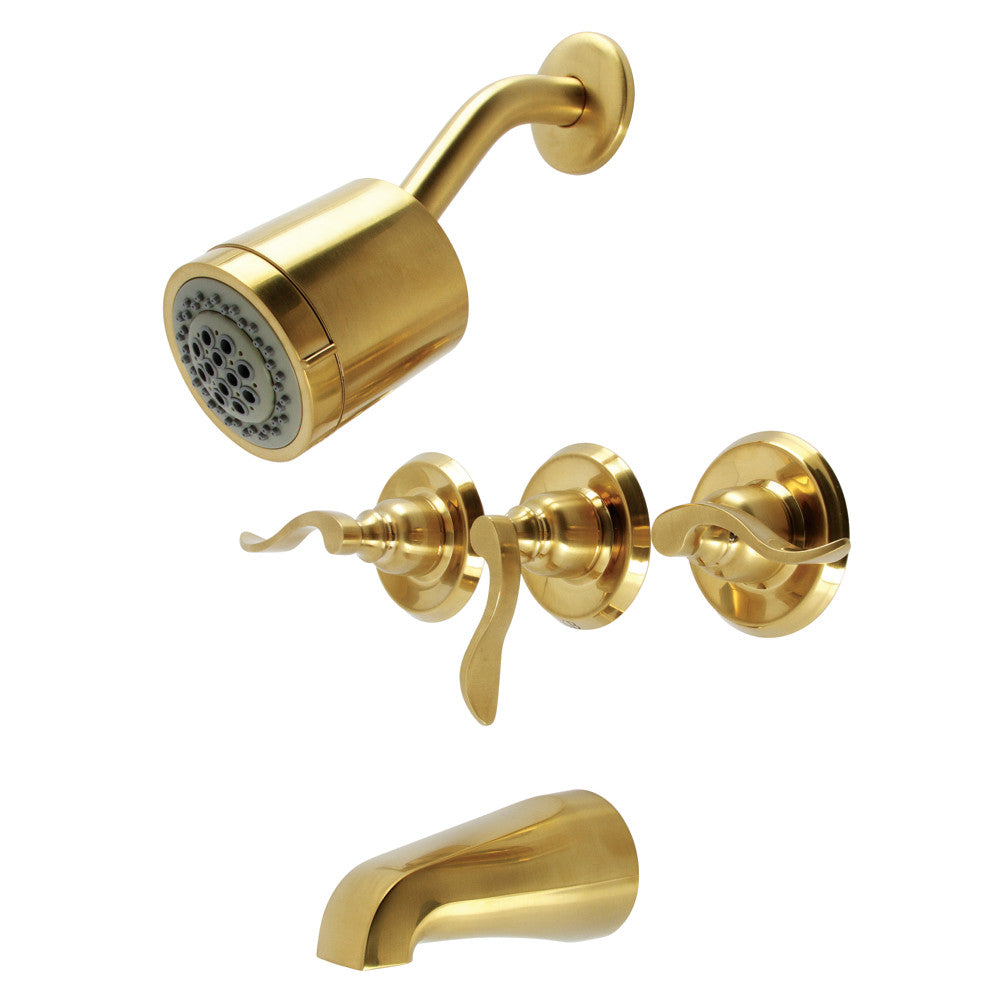 Kingston Brass KB8237NFL NuWave French Triple-Handle Tub and Shower Faucet, Brushed Brass