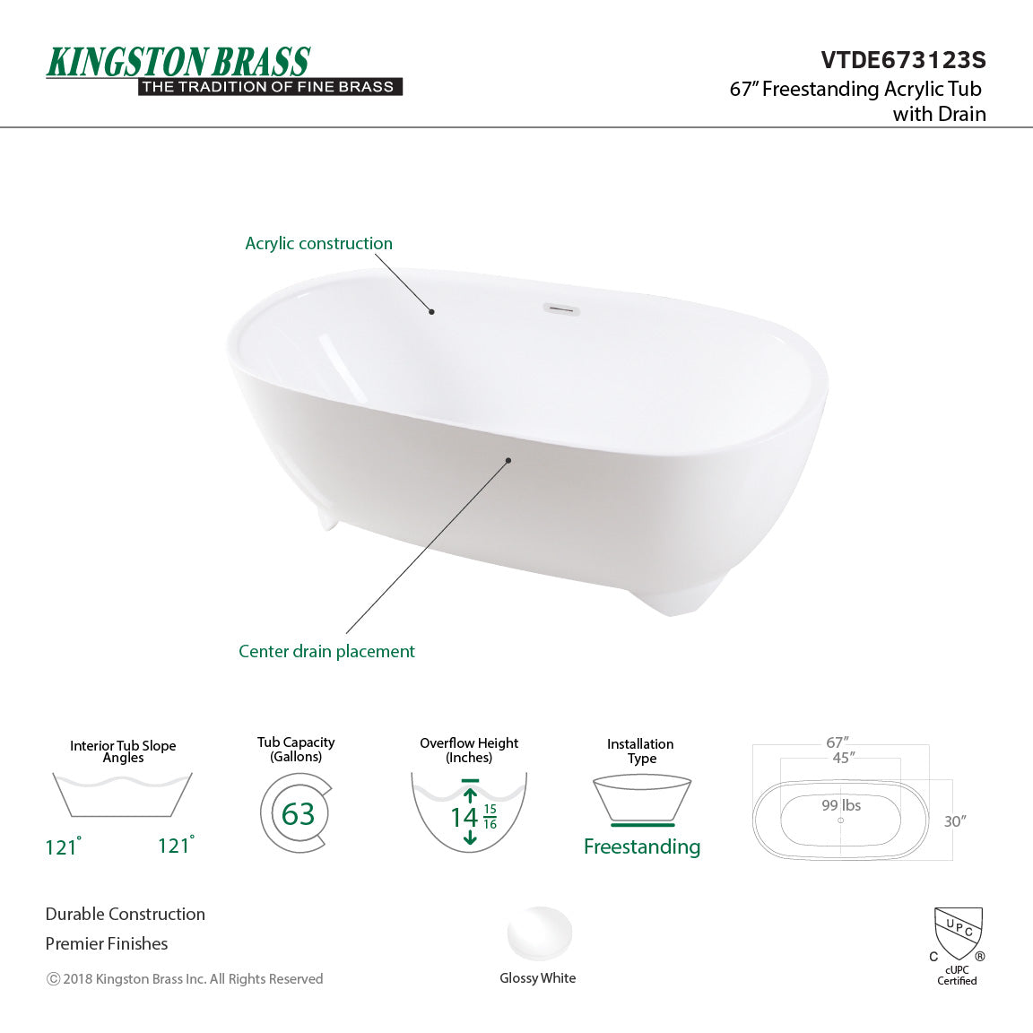 Kingston Brass VTDE673123S 67" Acrylic Oval Double Ended Freestanding Tub with Drain, Glossy White