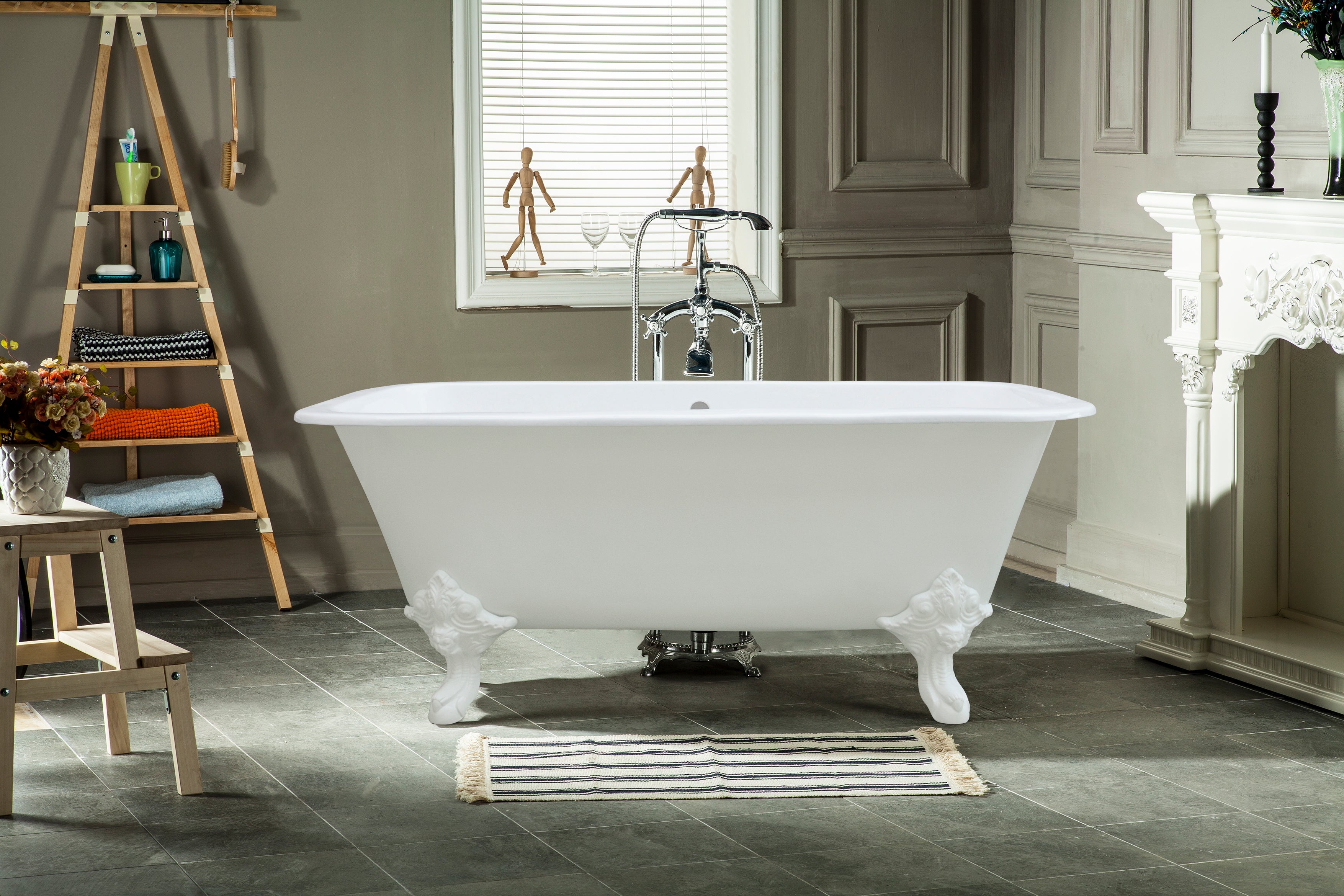 Aqua Eden VCTQND6732NLW 67" Cast Iron Rectangular Double Ended Clawfoot Tub (No Faucet Drillings), White/White