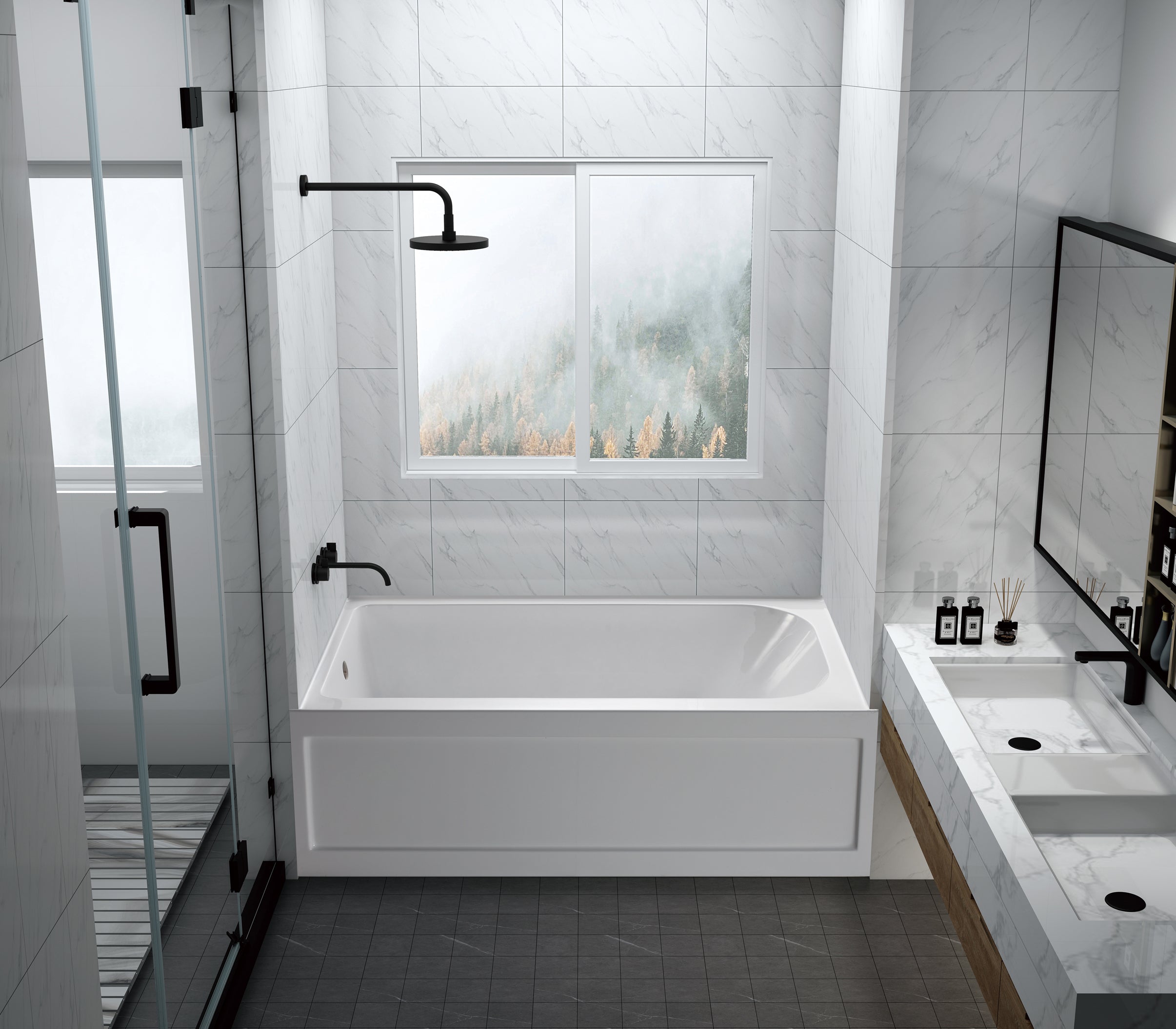 Aqua Eden VTAP6032L21A 60" Acrylic Rectangular 3-Wall Alcove Tub with Anti-Skid Surface, Left Hand Drain, Glossy White