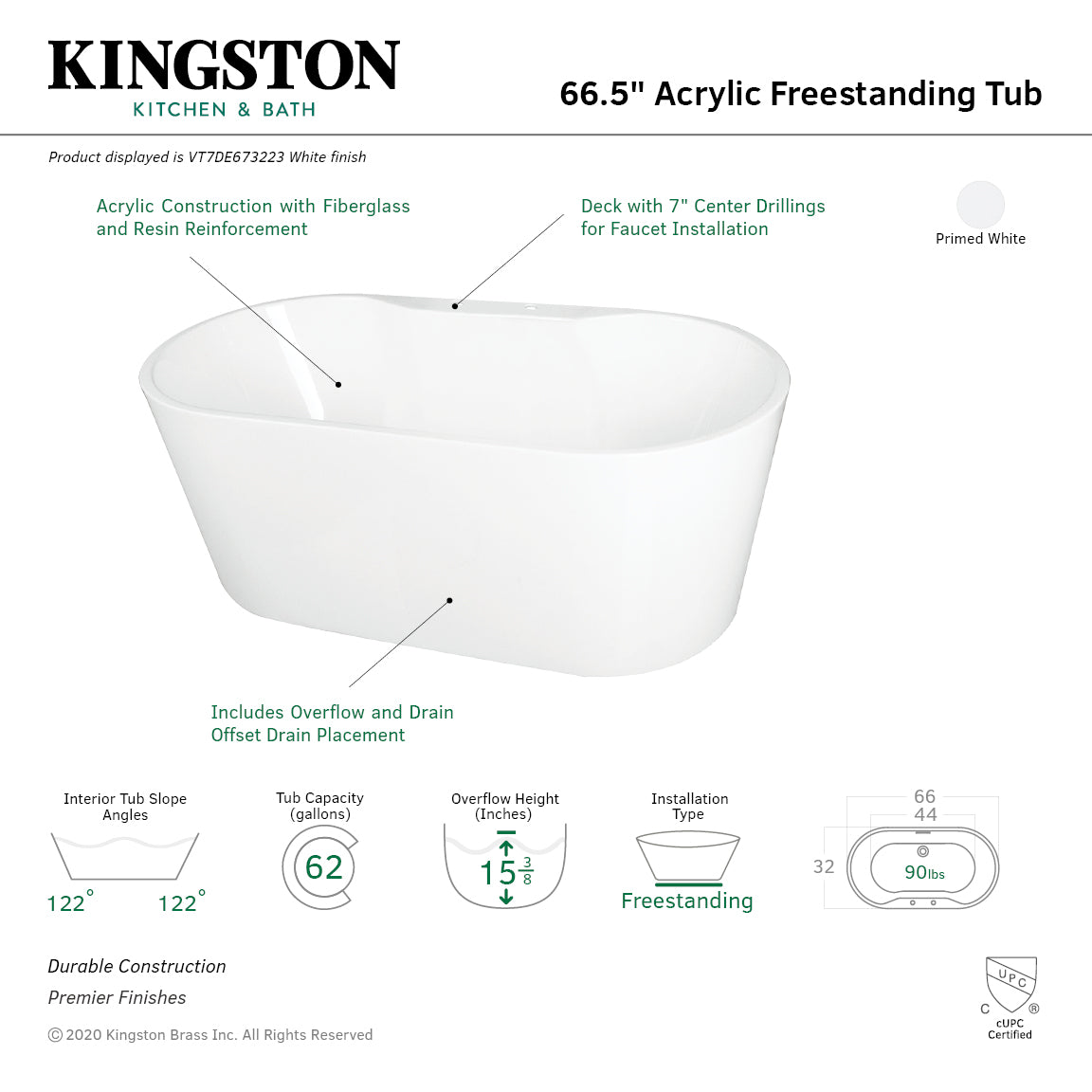 Kingston Brass VT7DE673223 66-5/16" Acrylic Oval Double Ended Freestanding Tub with Drain, Glossy White