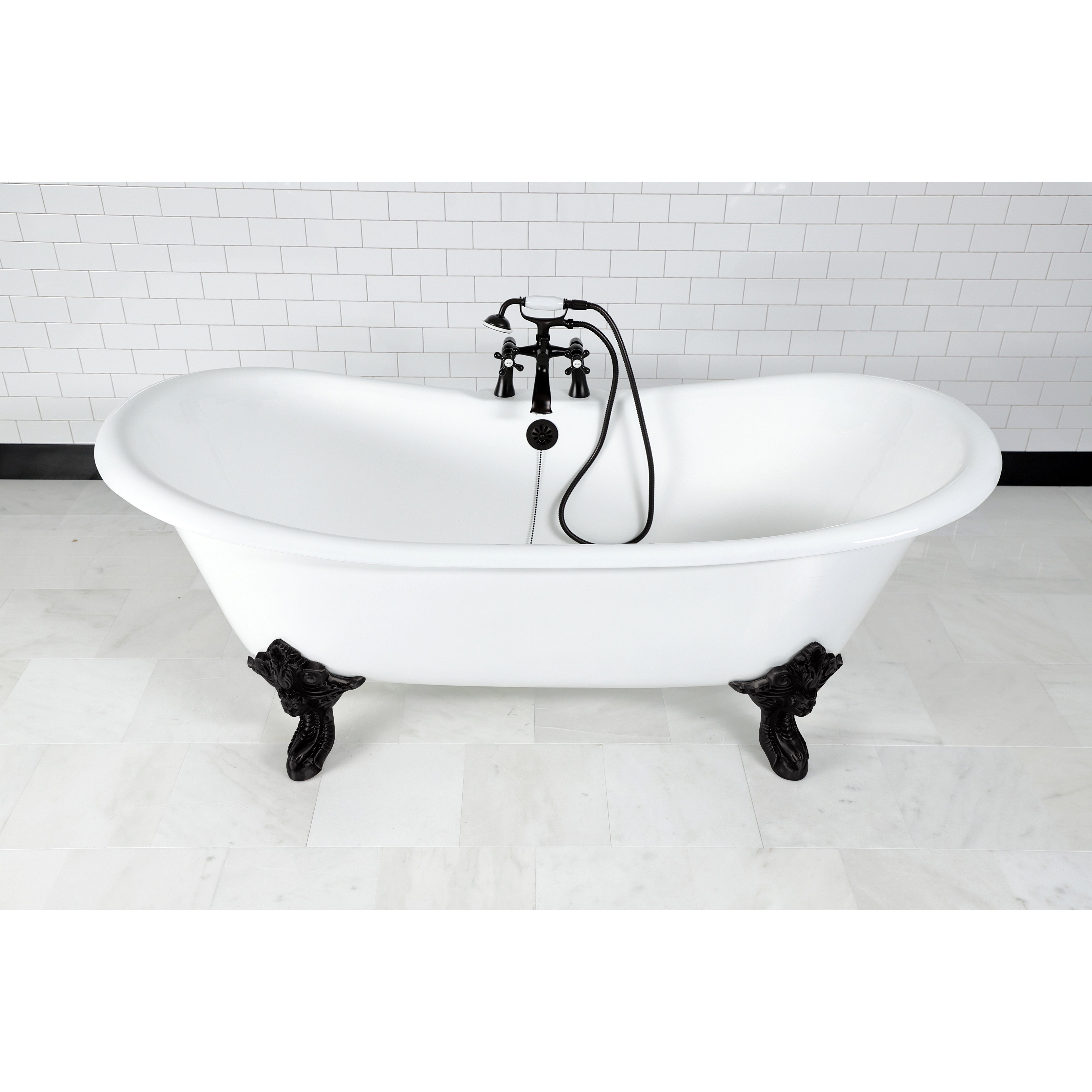 Aqua Eden VCT7DS7231NL0 72" Cast Iron Oval Double Slipper Clawfoot Tub (7" Faucet Drillings), White/Matte Black