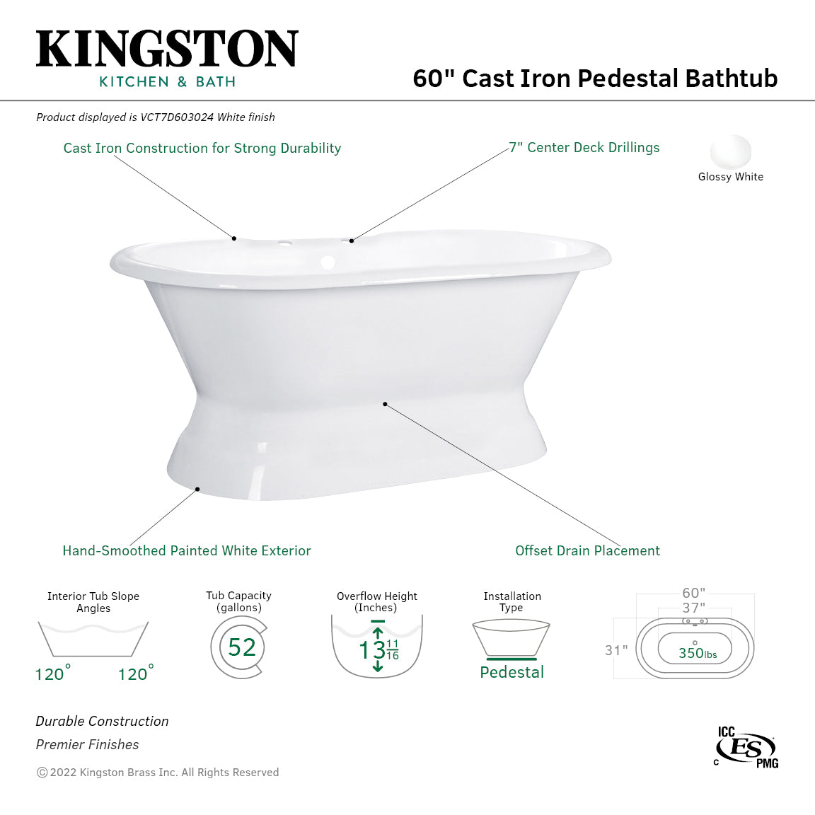 Aqua Eden VCT7D603024 60" Cast Iron Oval Double Ended Pedestal Tub (7" Faucet Drillings), White
