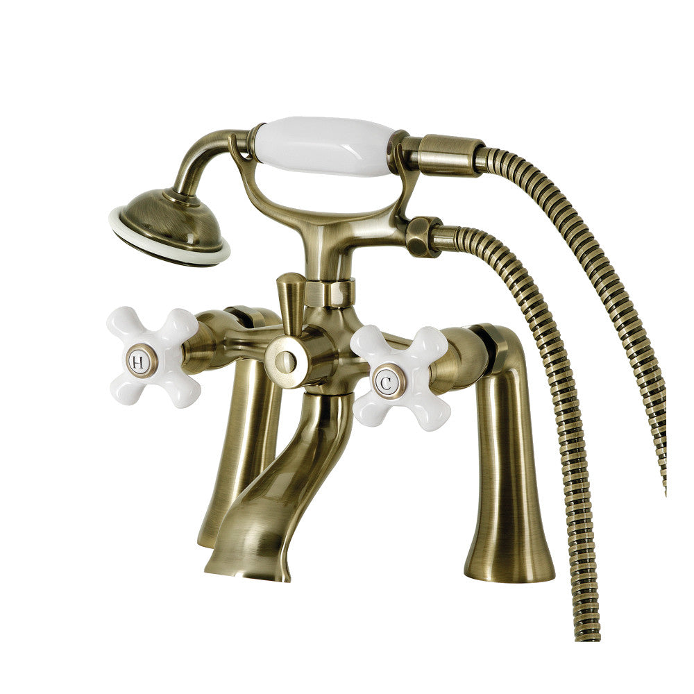 Kingston Brass KS268PXAB Kingston 7" Center Deck-Mount Clawfoot Tub Faucet with Hand Shower, Antique Brass
