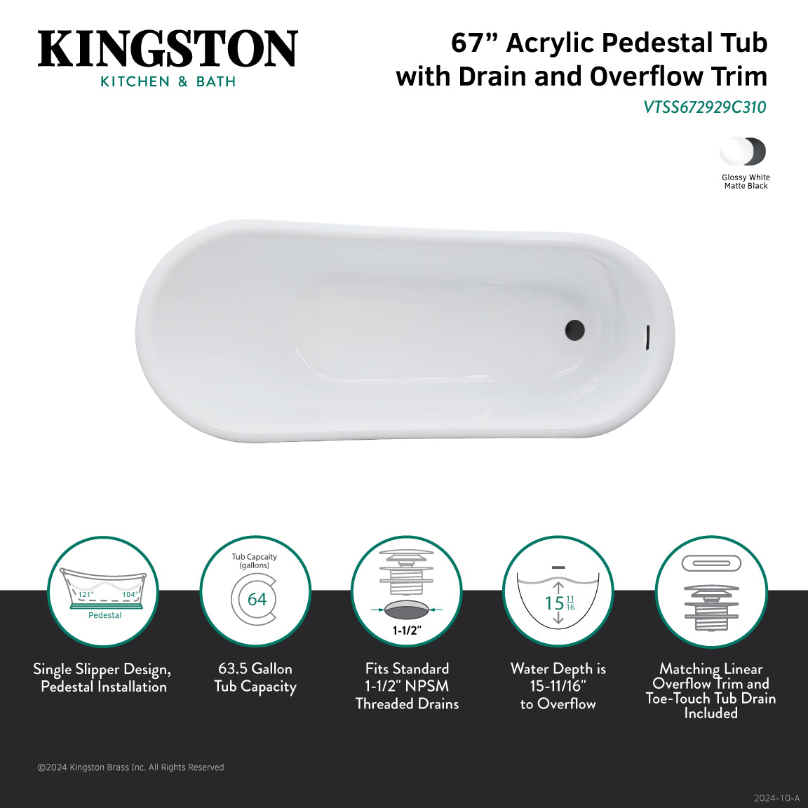 Kingston Brass VTSS672929C310 67" Acrylic Oval Single Slipper Pedestal Tub with Drain (No Faucet Drillings), Glossy White/Matte Black