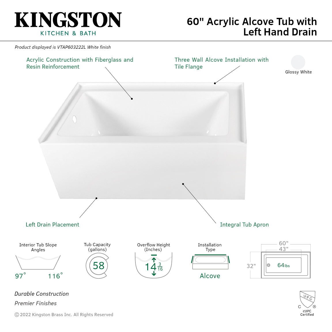 Aqua Eden VTAP603222L 60" Acrylic Rectangular 3-Wall Alcove Tub, Left Hand Drain Hole, Glossy White