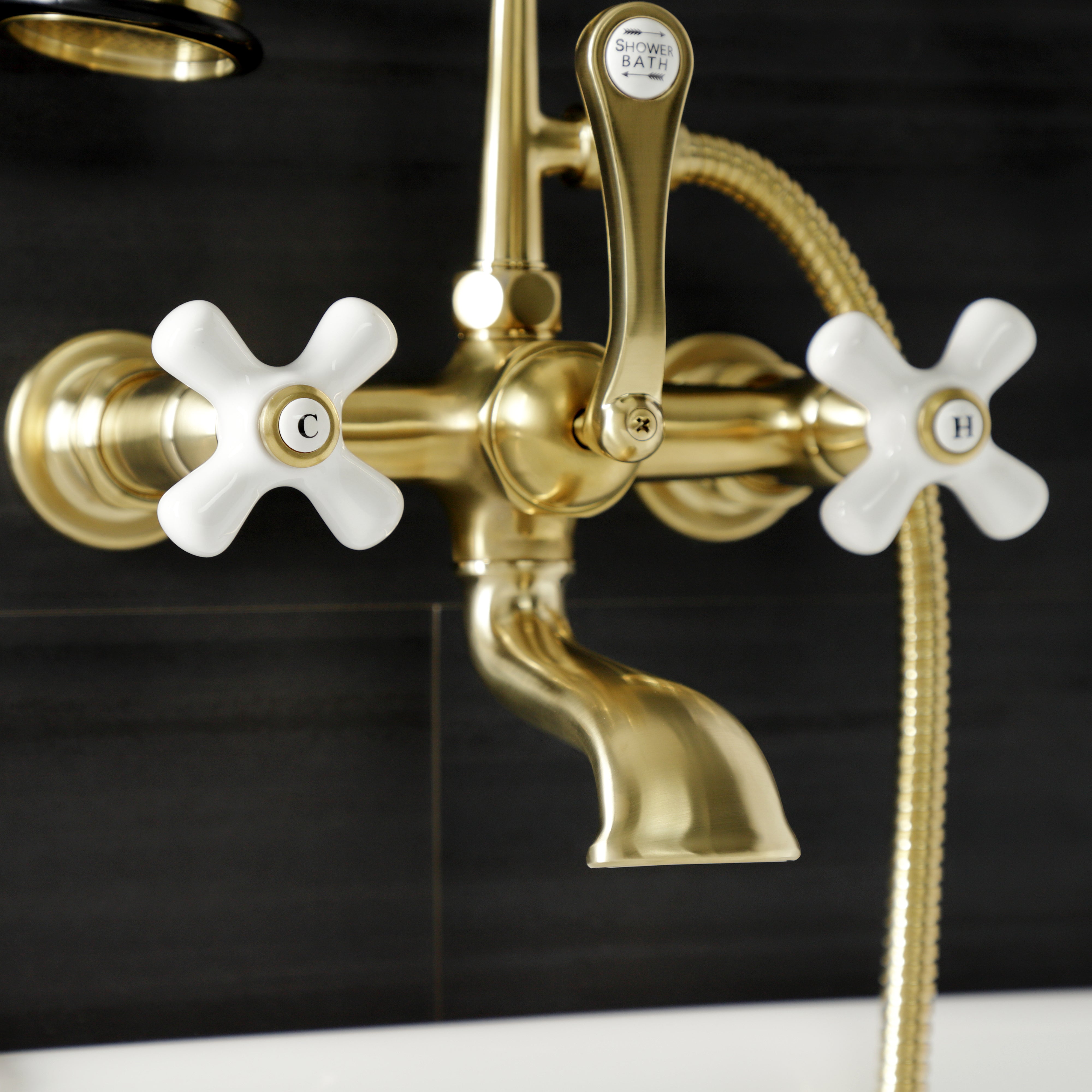 Kingston Brass AE559T7 Aqua Vintage 7-Inch Wall Mount Tub Faucet with Hand Shower, Brushed Brass