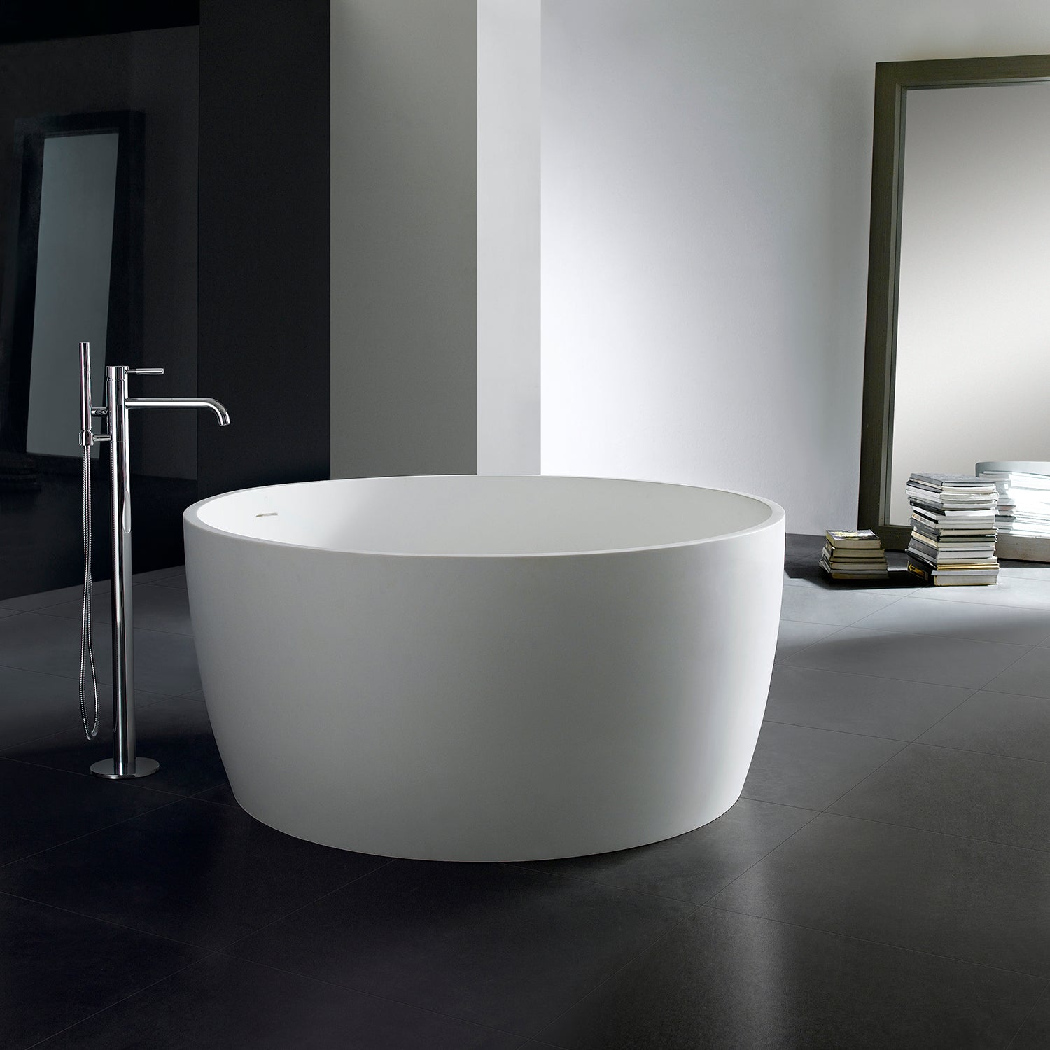 Kingston Brass VRTRS515124 51" Solid Surface Round Double Ended Freestanding Tub with Drain, Matte White