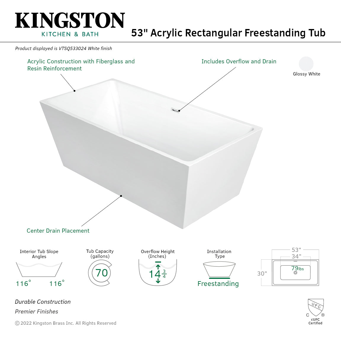 Kingston Brass VTSQ533024 53" Acrylic Rectangular Double Ended Freestanding Tub with Drain, Glossy White