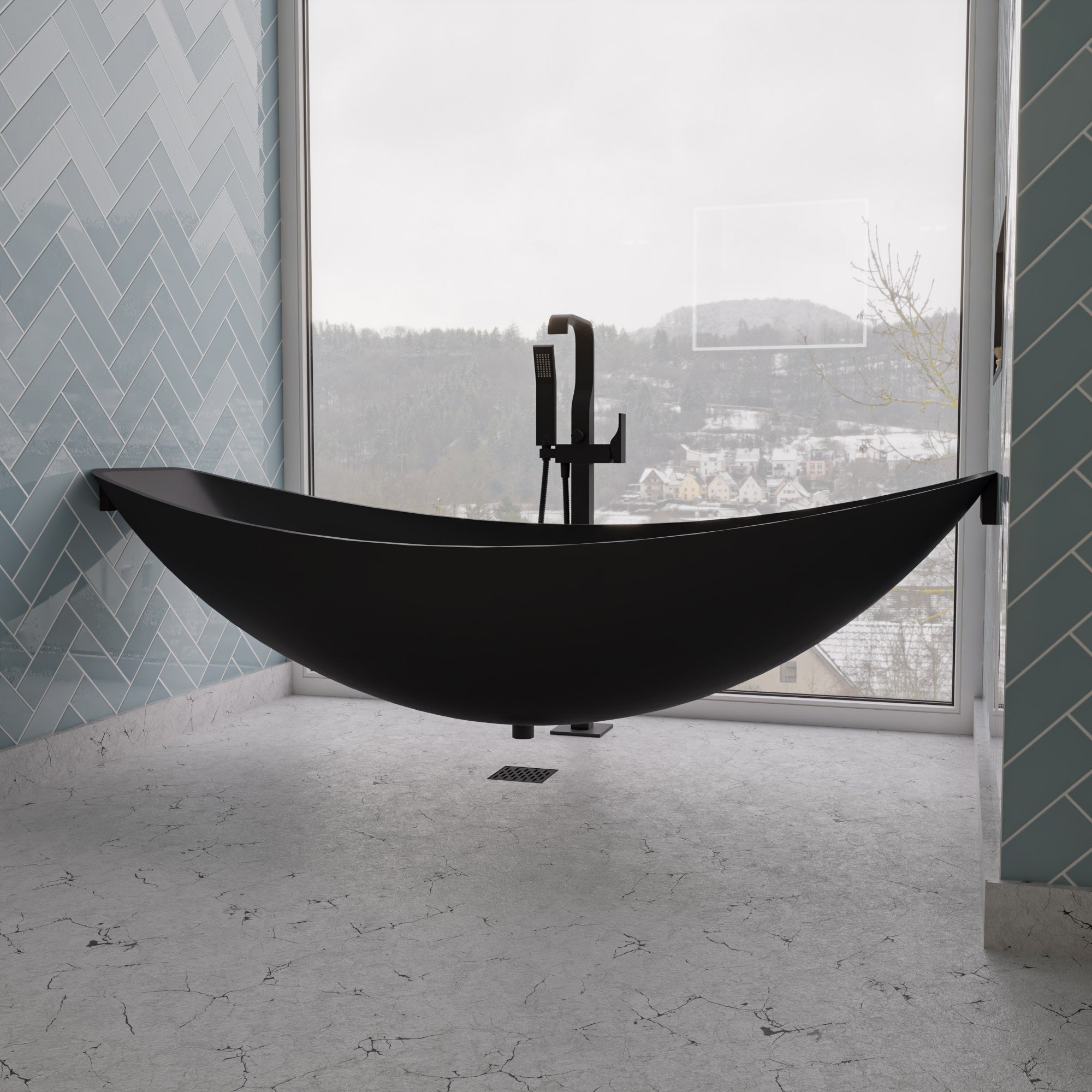 ALFI HammockTub1-BM Black Matte 79" Acrylic Suspended Wall Mounted Hammock Bathtub