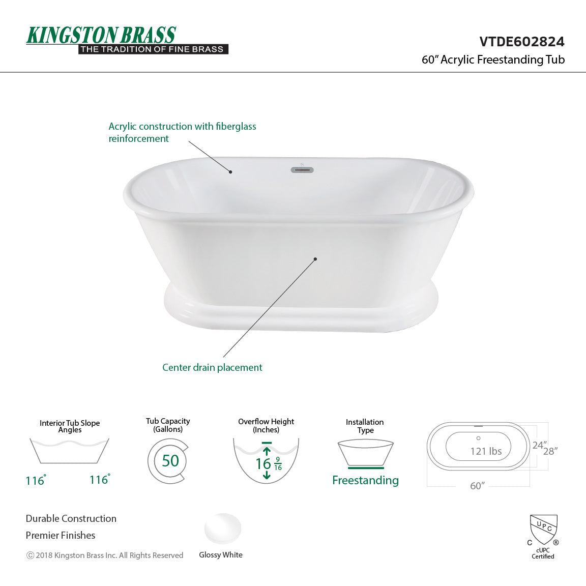 Aqua Eden VTDE602824 60" Acrylic Oval Double Ended Pedestal Tub with Drain (No Faucet Drillings), Glossy White