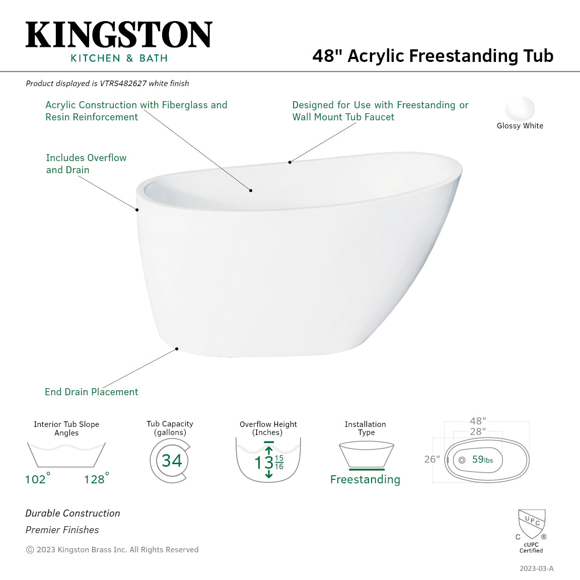 Kingston Brass VTRS482627 48" Acrylic Oval Single Slipper Freestanding Tub with Drain, Glossy White