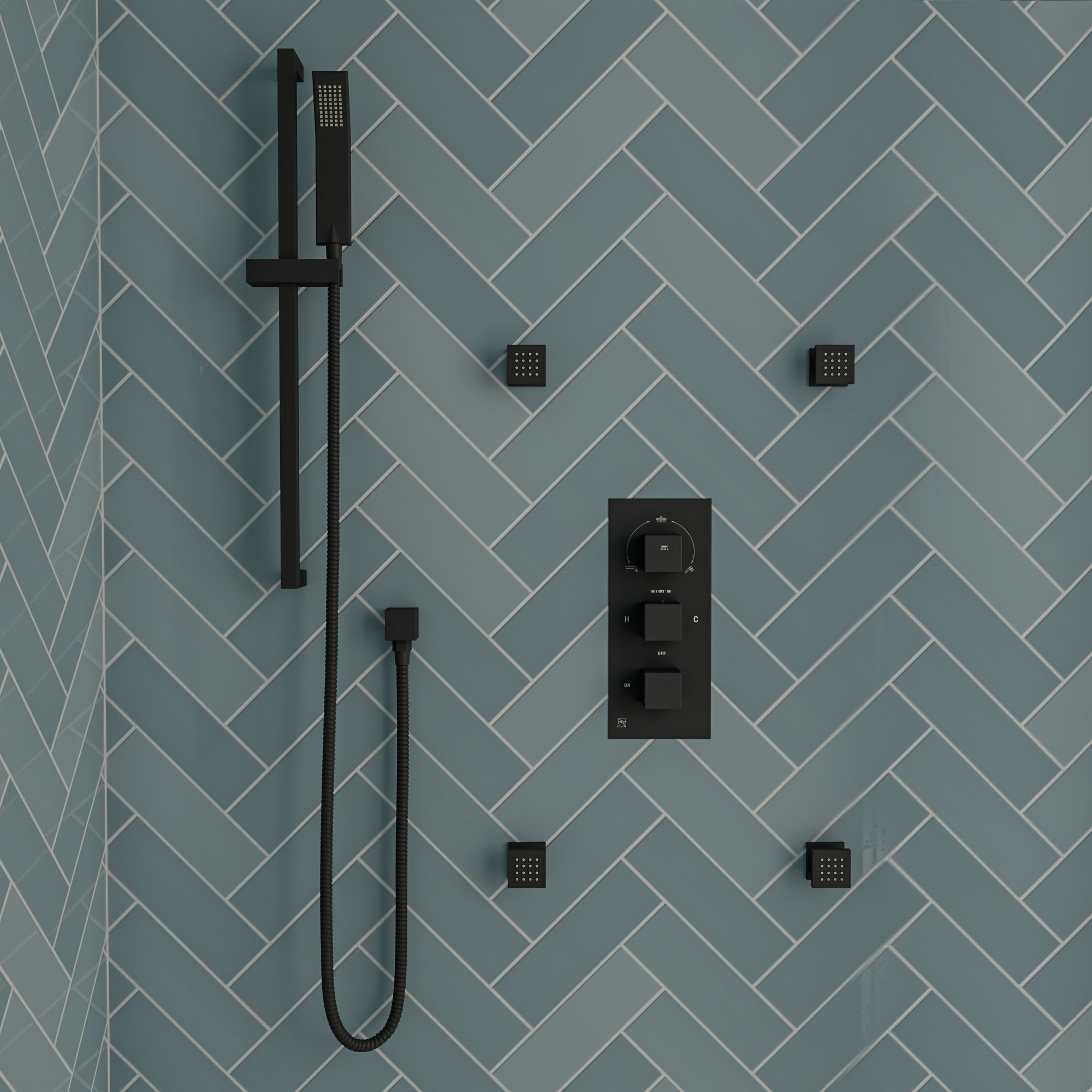 ALFI AB2801-BM Black Matte 3-Way Thermostatic Valve Shower Mixer Square Knobs