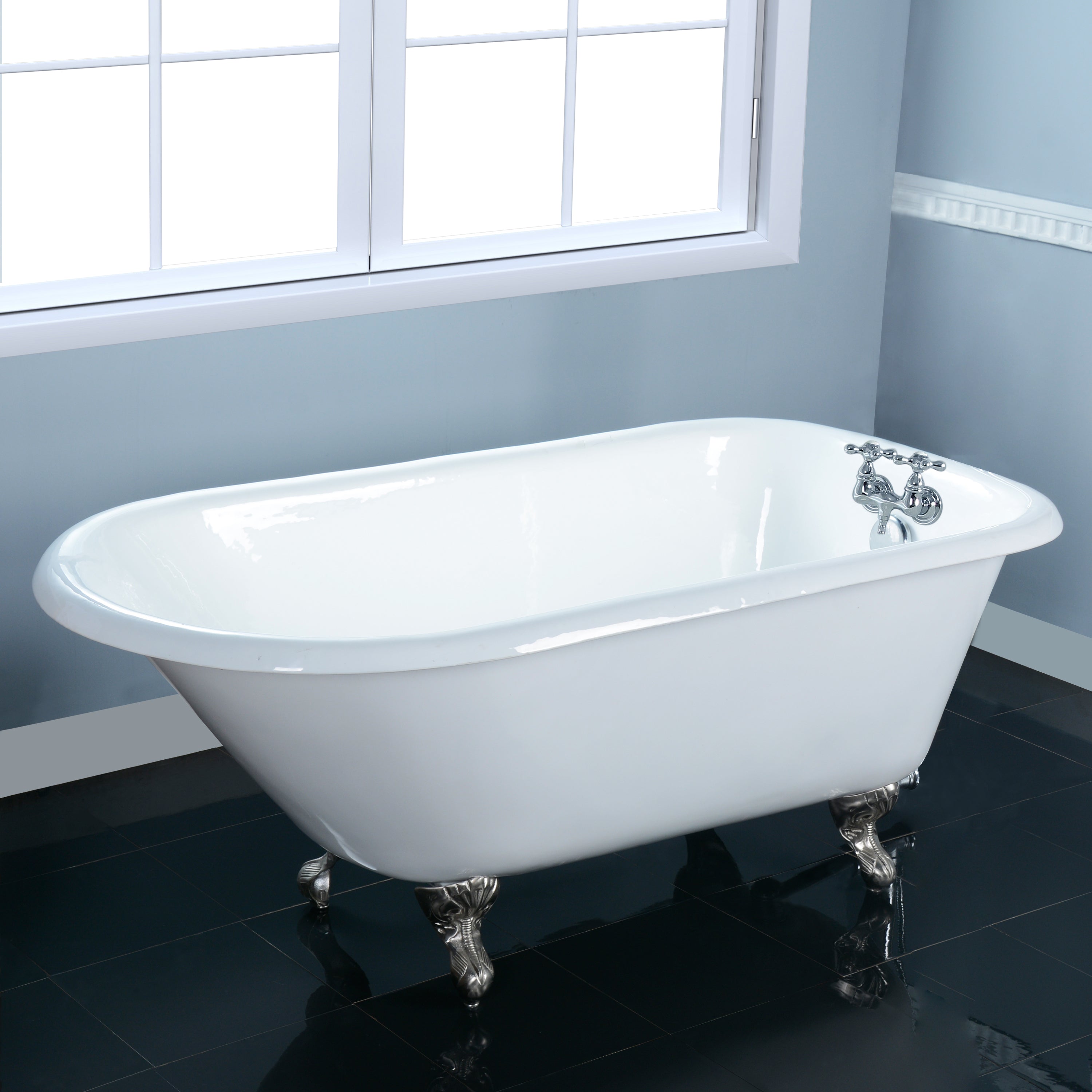 Aqua Eden VCT3D483018NT8 48" Cast Iron Classic Flat-Rim Roll Top Clawfoot Tub (3-3/8" Wall Drillings), White/Brushed Nickel