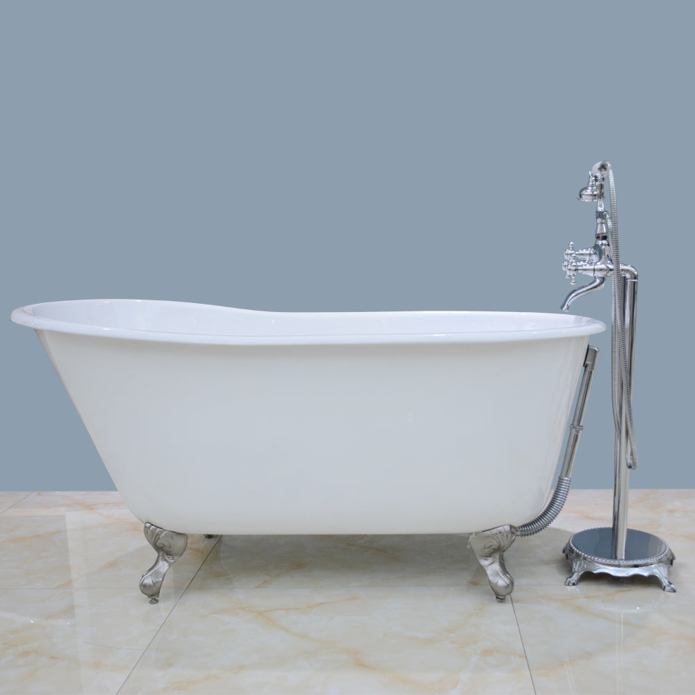 Aqua Eden VCTND5328NT1 53" Cast Iron Oval Single Slipper Clawfoot Tub (No Faucet Drillings), White/Polished Chrome