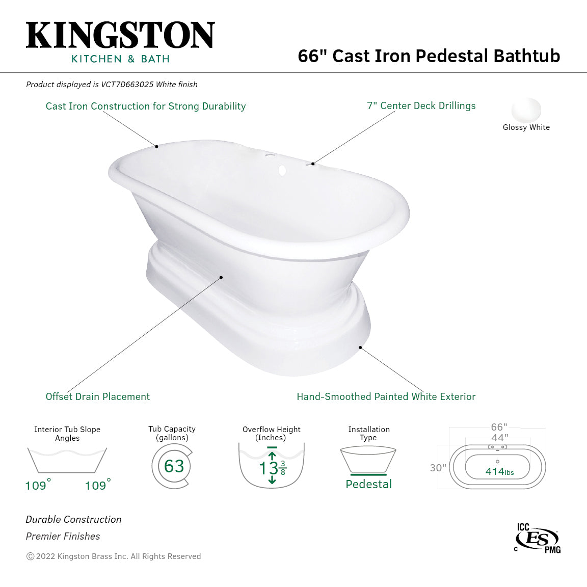 Aqua Eden VCT7D663025 66" Cast Iron Oval Double Ended Pedestal Tub (7" Faucet Drillings), White