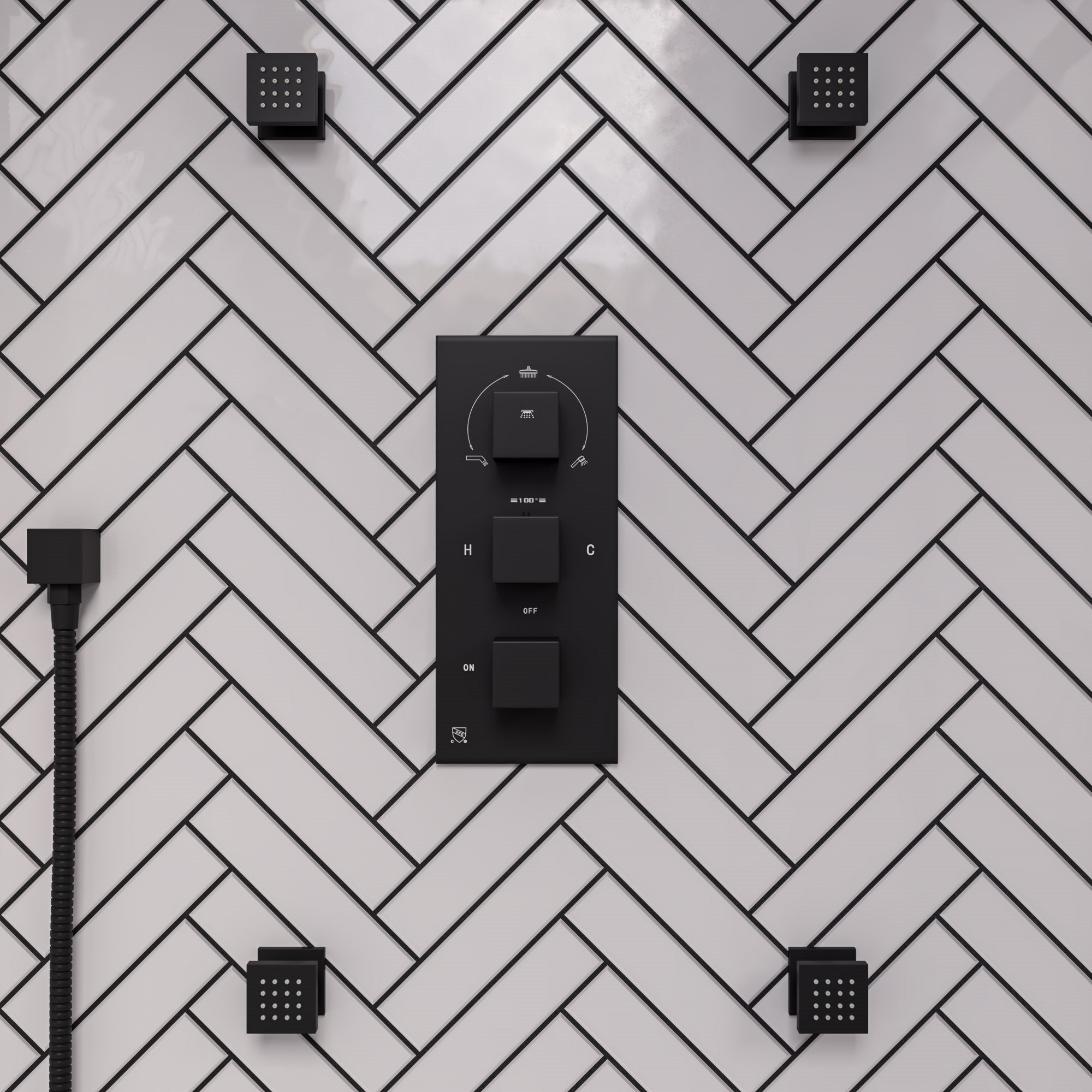 ALFI AB2801-BM Black Matte 3-Way Thermostatic Valve Shower Mixer Square Knobs