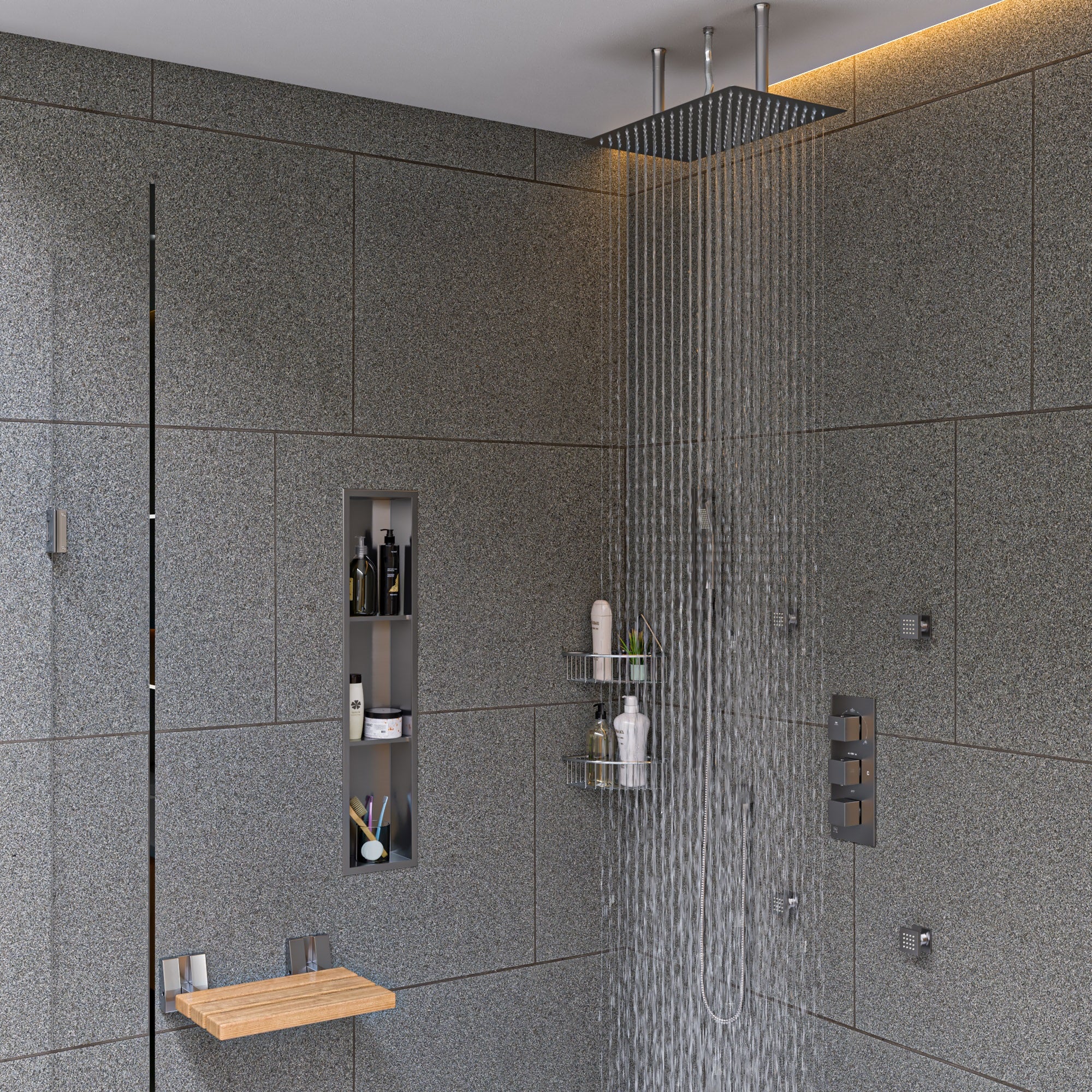ALFI AB2801-BN Brushed Nickel Concealed 3-Way Thermostatic Valve Shower Mixer Square Knobs