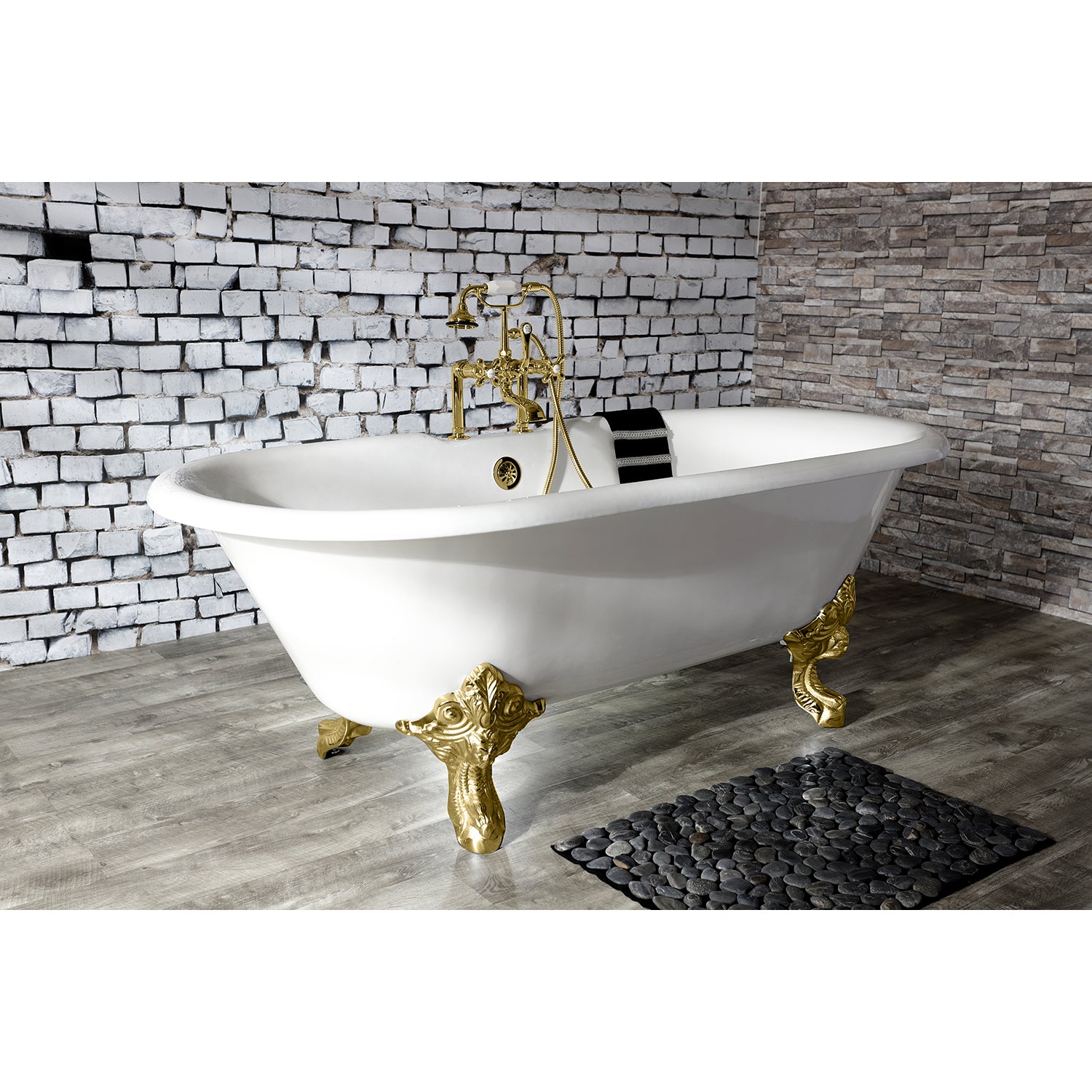 Aqua Eden VCT7DE7232NL2 72" Cast Iron Oval Double Ended Clawfoot Tub (7" Faucet Drillings), White/Polished Brass