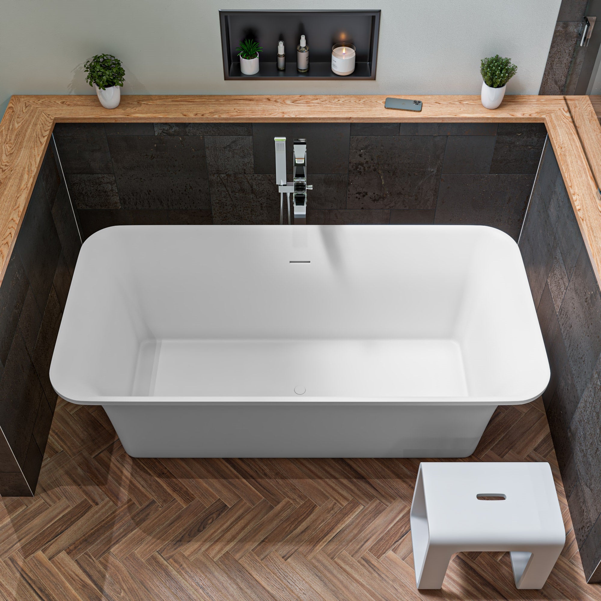 ALFI AB9942 67" White Rectangular Solid Surface Smooth Resin Soaking Bathtub