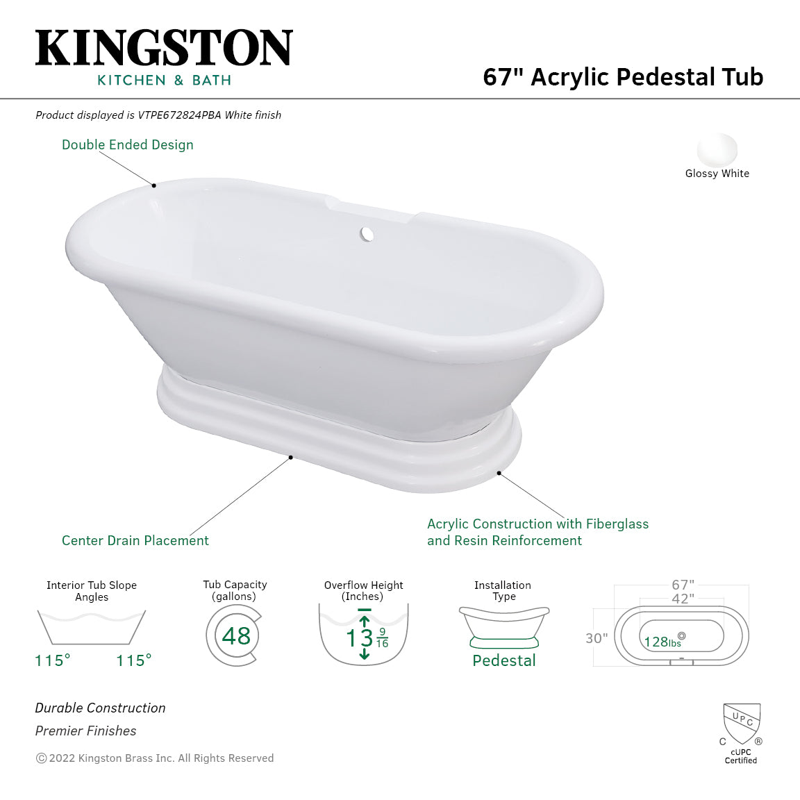 Aqua Eden VTPE672824PBA 67" Acrylic Oval Double Ended Pedestal Tub (No Faucet Drillings), Glossy White
