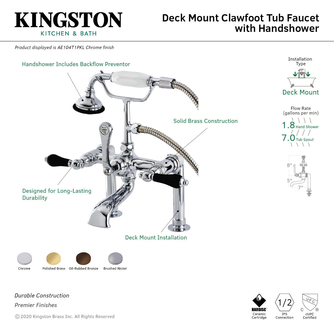 Aqua Vintage AE104T1PKL Duchess 7" Center Deck-Mount Clawfoot Tub Faucet with Hand Shower, Polished Chrome