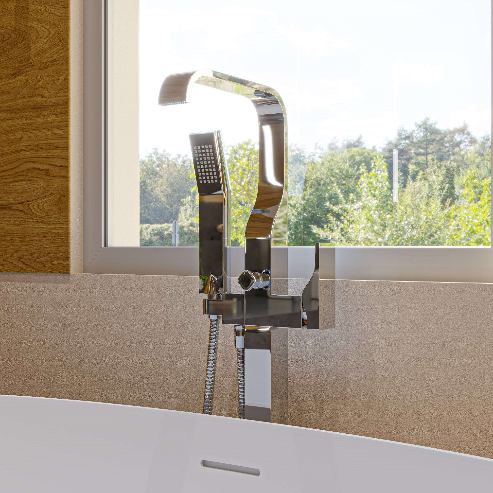 ALFI AB2180-PC Polished Chrome Single Lever Floor Mounted Tub Filler Mixer w Hand Held Shower Head