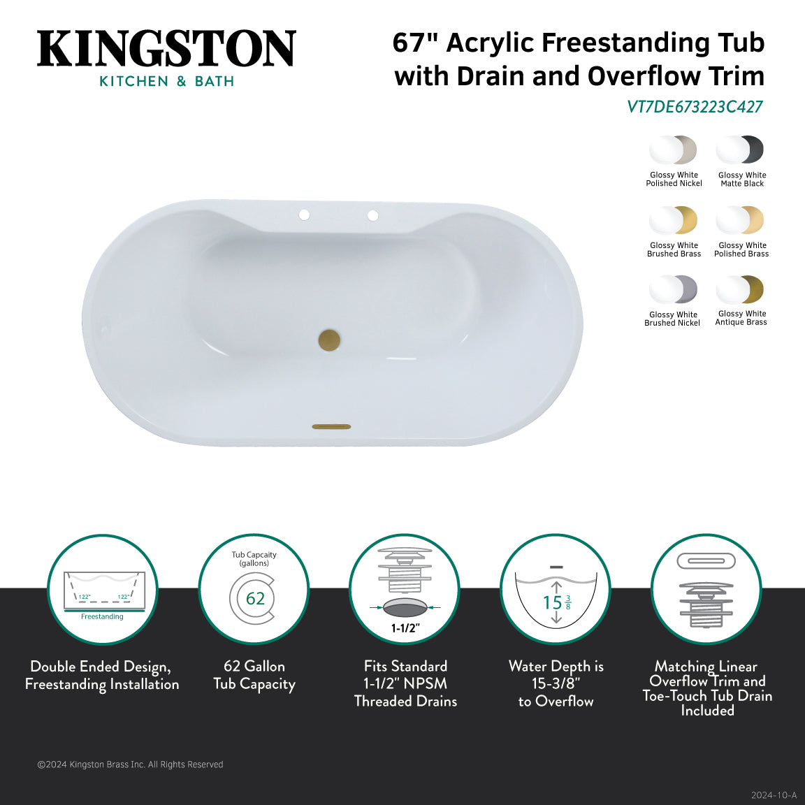 Kingston Brass VT7DE673223C420 67" Acrylic Oval Double Ended Freestanding Tub with Drain, Glossy White/Matte Black