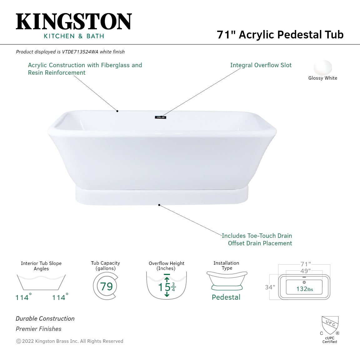 Aqua Eden VTDE713524WA 71" Acrylic Oval Rectangular Double Ended Pedestal Tub with Drain (No Faucet Drillings), Glossy White