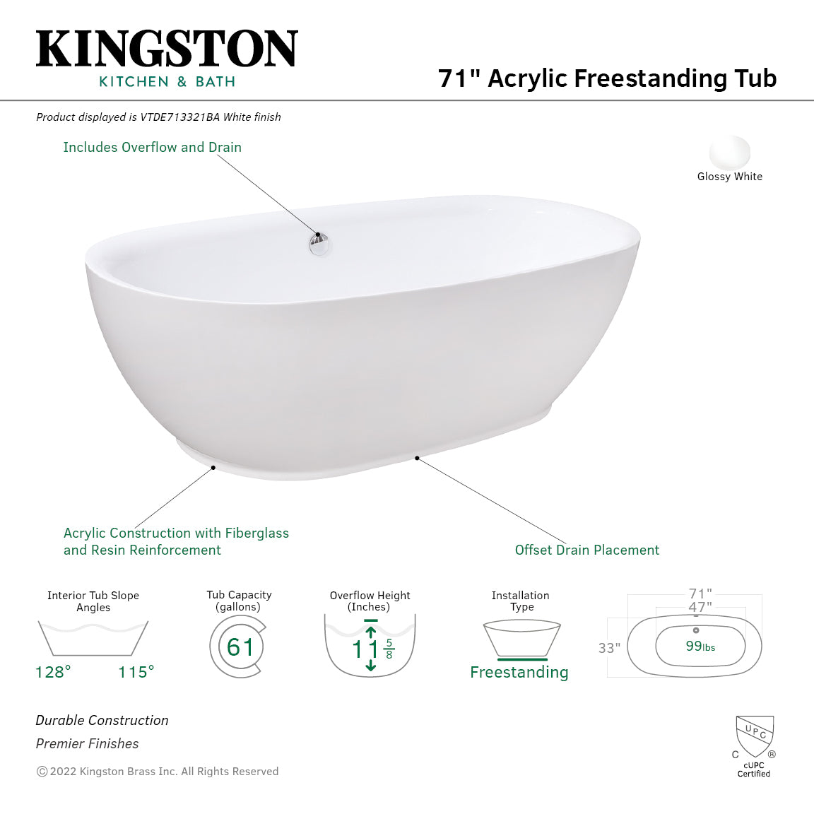 Kingston Brass VTDE713321BA 71" Acrylic Oval Double Ended Freestanding Tub with Drain, Glossy White
