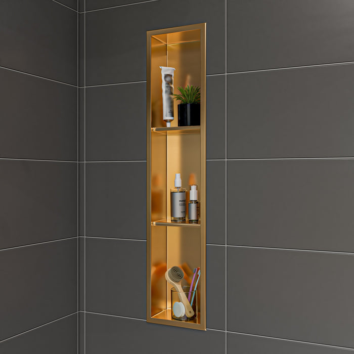 ALFI ABNP0836-BG 8" x 36" Brushed Gold PVD Stainless Steel Vertical Triple Shelf Shower Niche