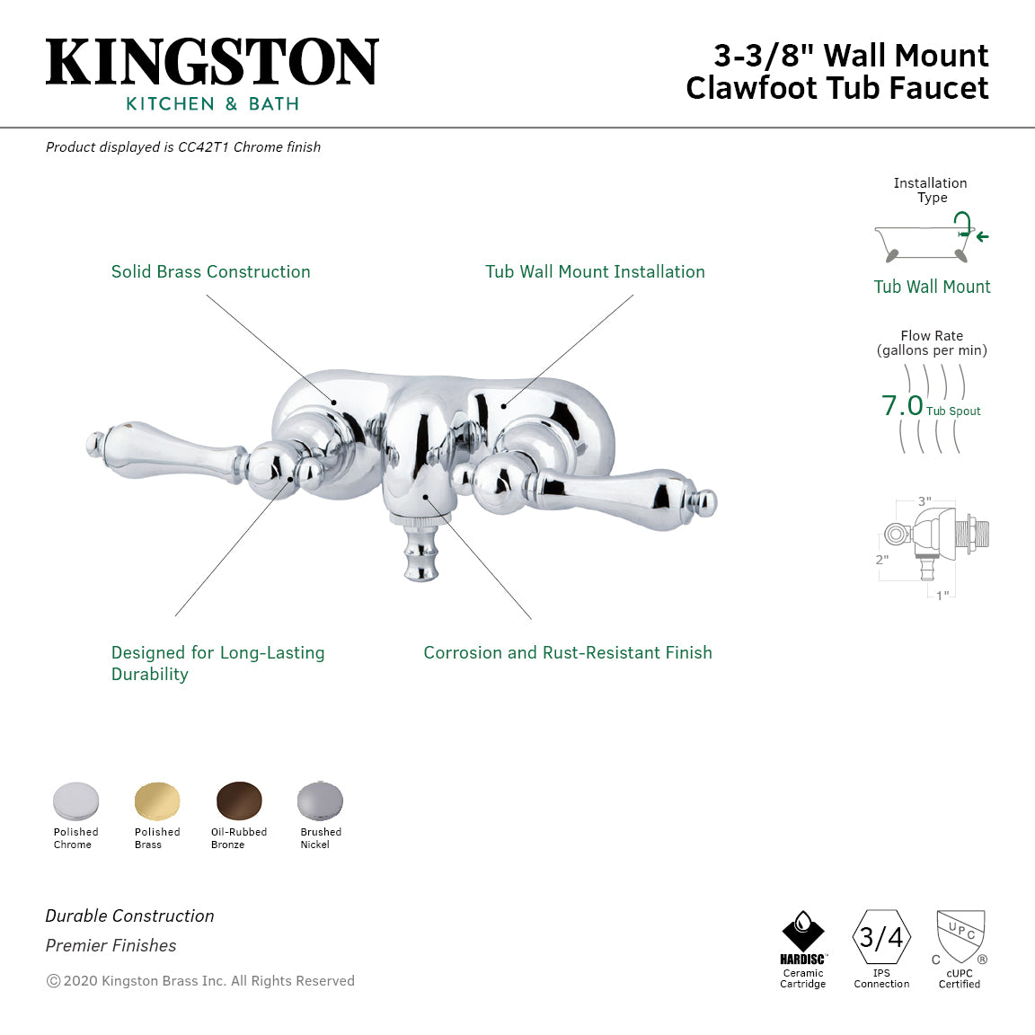 Kingston Brass CC41T8 Vintage 3-3/8-Inch Wall Mount Tub Faucet, Brushed Nickel