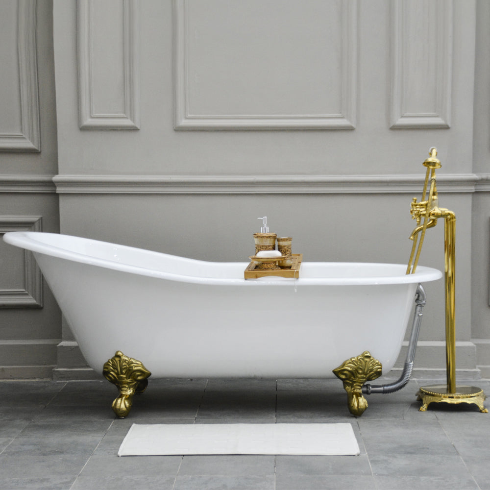 Aqua Eden NHVCTND653129B2 61" Cast Iron Oval Single Slipper Clawfoot Tub (No Faucet Drillings), White/Polished Brass