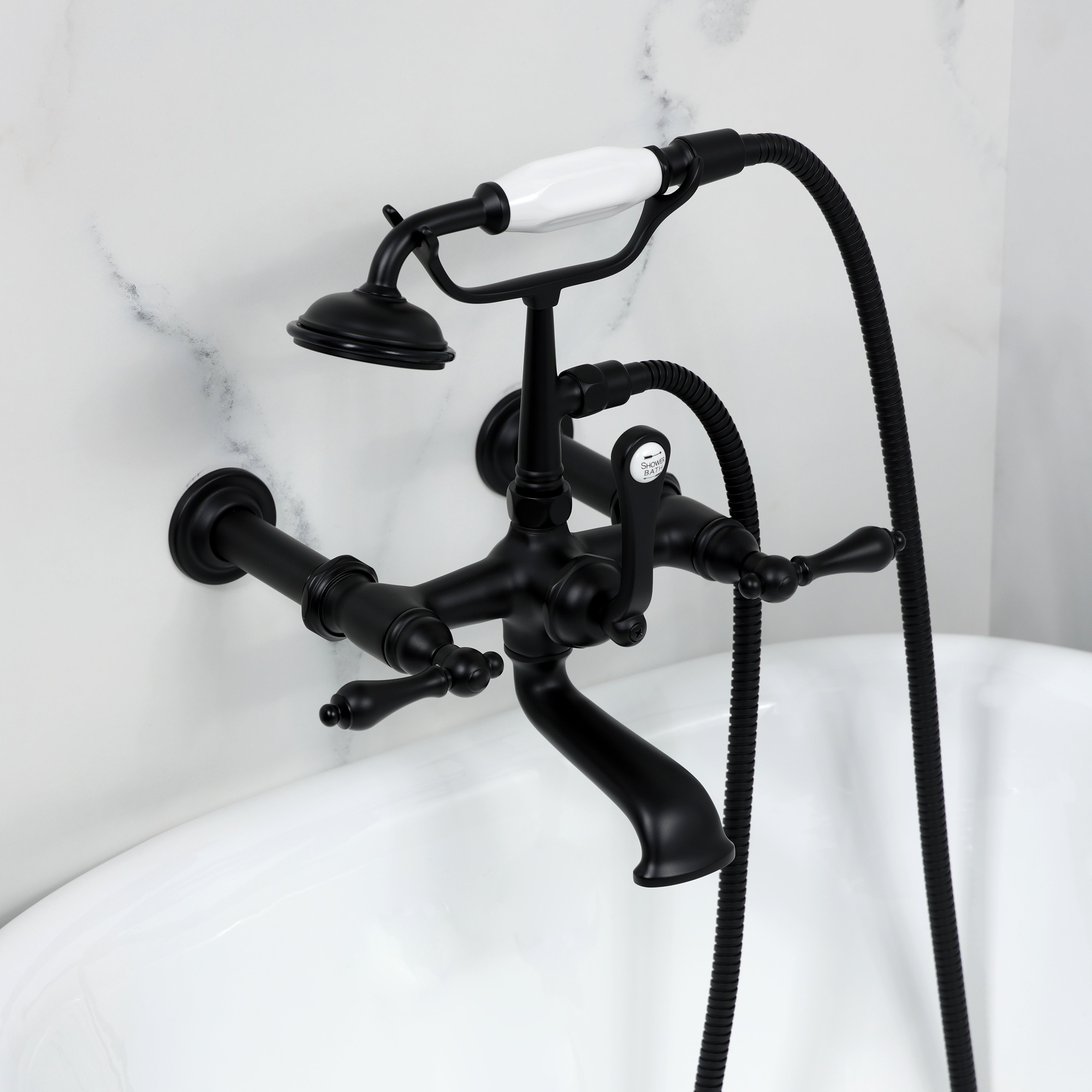 Kingston Brass CC541T0 Vintage 7-Inch Wall Mount Tub Faucet with Hand Shower, Matte Black