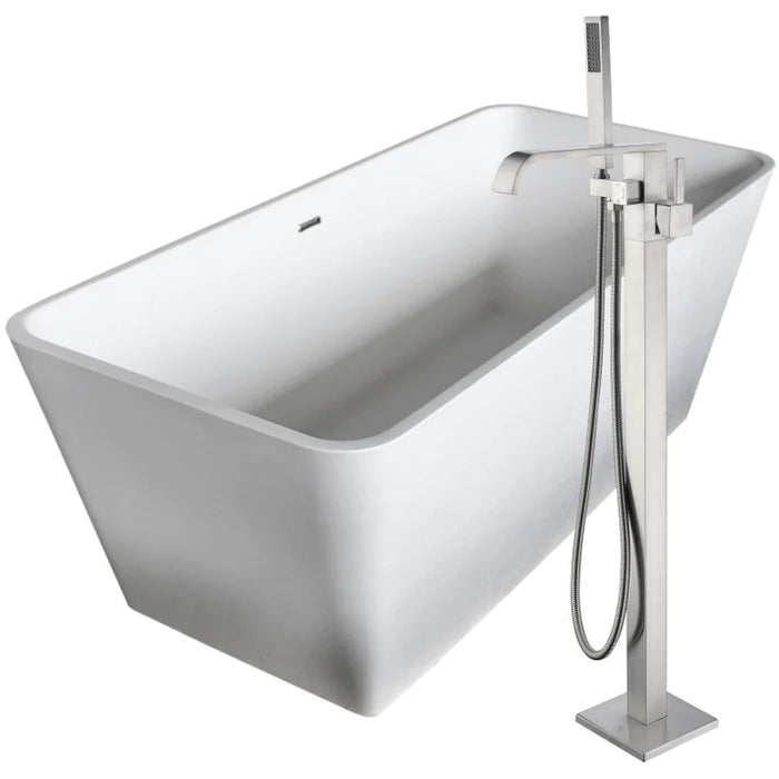 ANZZI Cenere 58" Luxurious Solid Surface Soaking Bathtub in White with Angel Faucet in Brushed Nickel