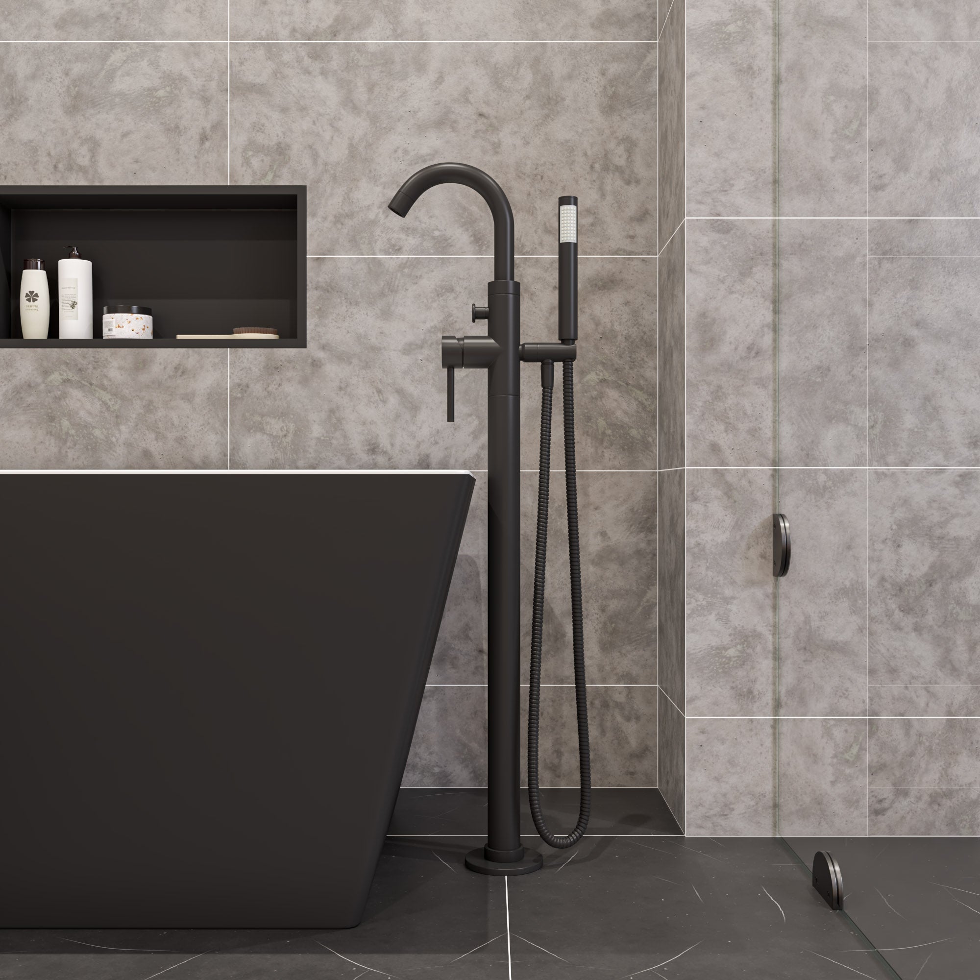 ALFI AB2534-BM Black Matte Single Lever Floor Mounted Tub Filler Mixer w Hand Held Shower Head