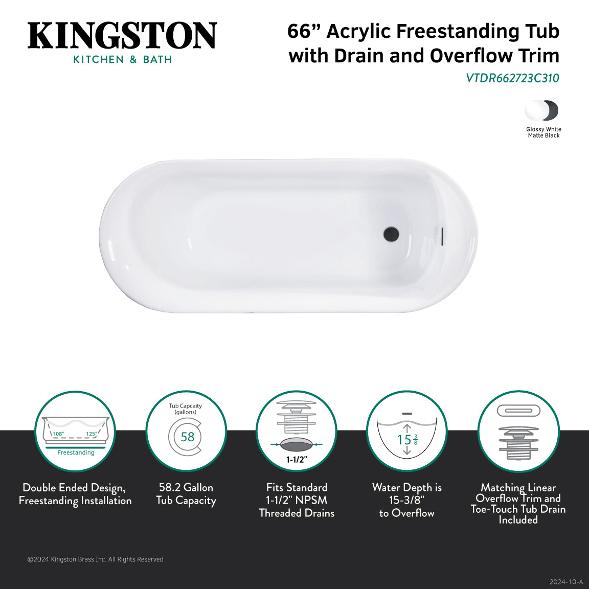 Kingston Brass VTDR662723C310 66" Acrylic Oval Double Ended Freestanding Tub with Drain and Anti-Skid Surface, Glossy White/Matte Black