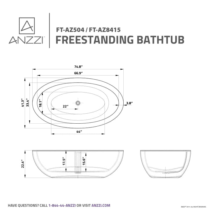 ANZZI Lusso 6.3 ft. Solid Surface Center Drain Freestanding Bathtub in Matte White - Bathroom Design Center