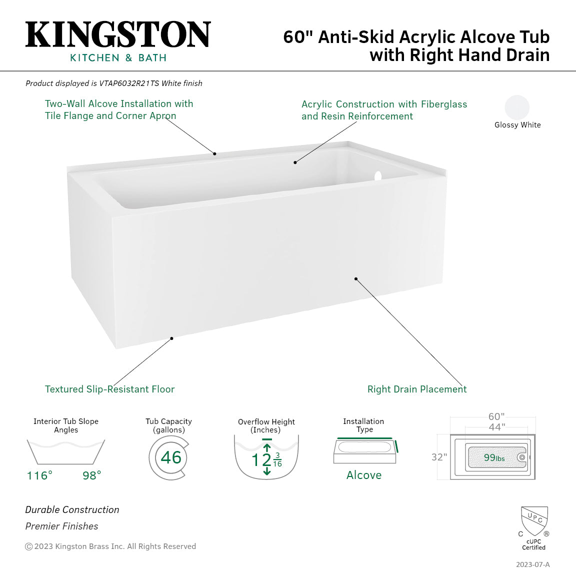 Aqua Eden VTAP6032R21TS 60" Acrylic Rectangular 2-Wall Corner Alcove Tub, Right Hand Drain, Glossy White